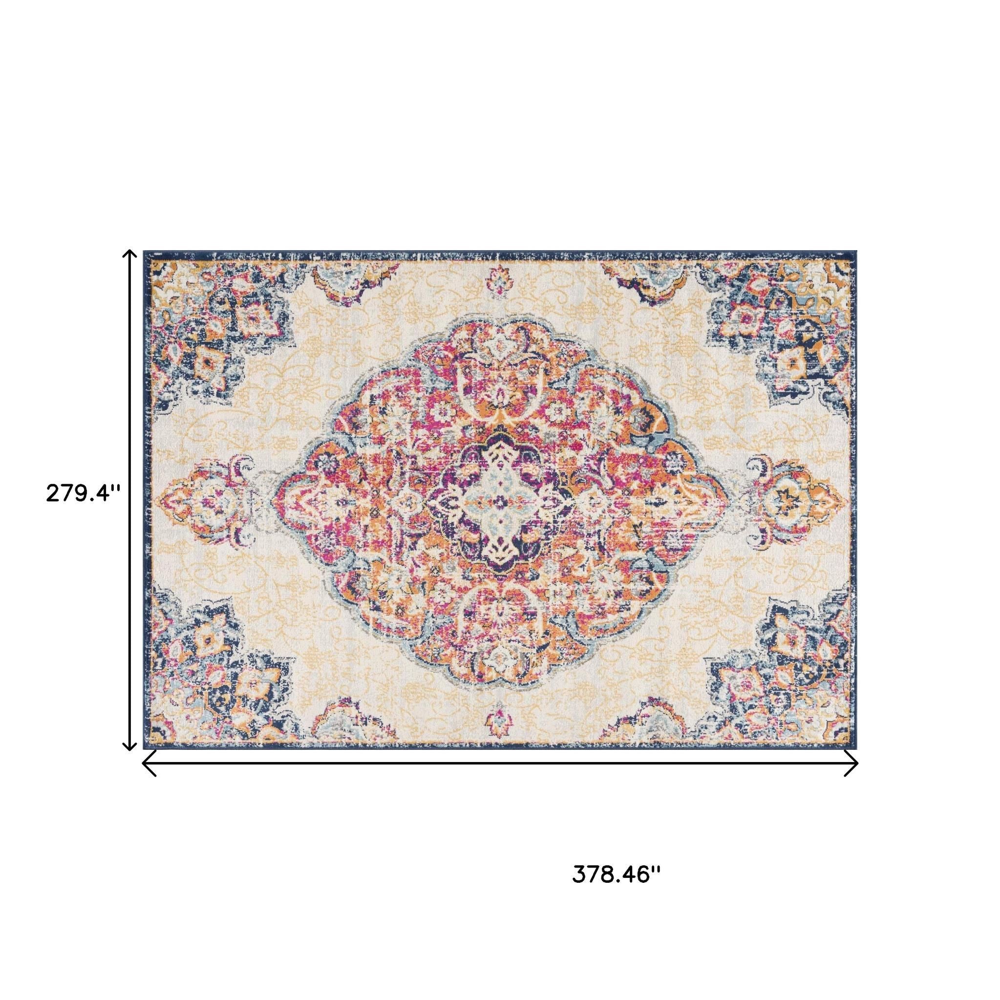 20' Blue And Beige Medallion Runner Rug-Area Rugs-DECOROLALA