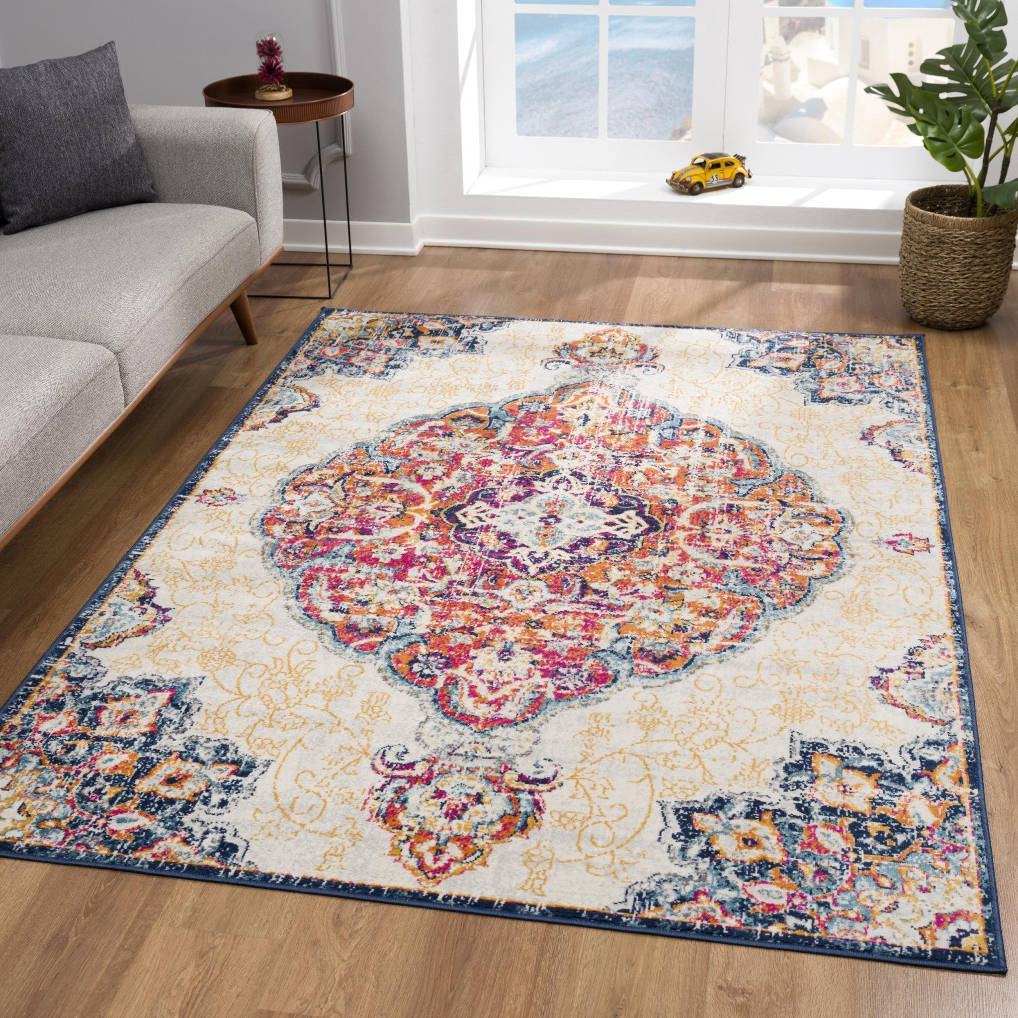 20' Blue And Beige Medallion Runner Rug-Area Rugs-DECOROLALA