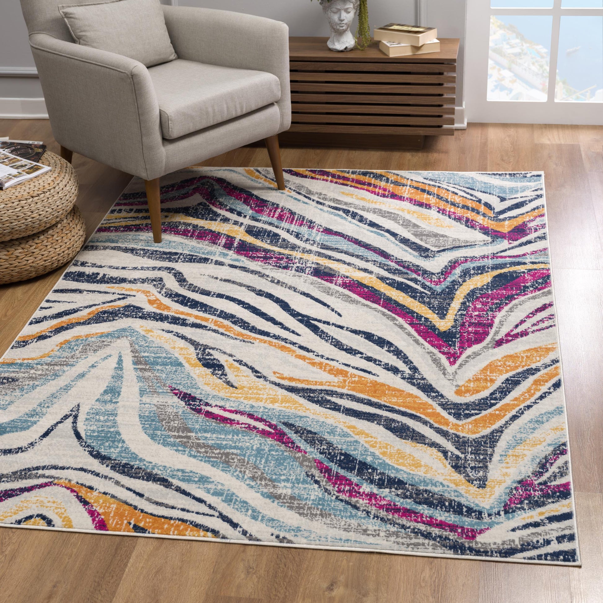 20' Blue And Gold Abstract Runner Rug-Area Rugs-DECOROLALA