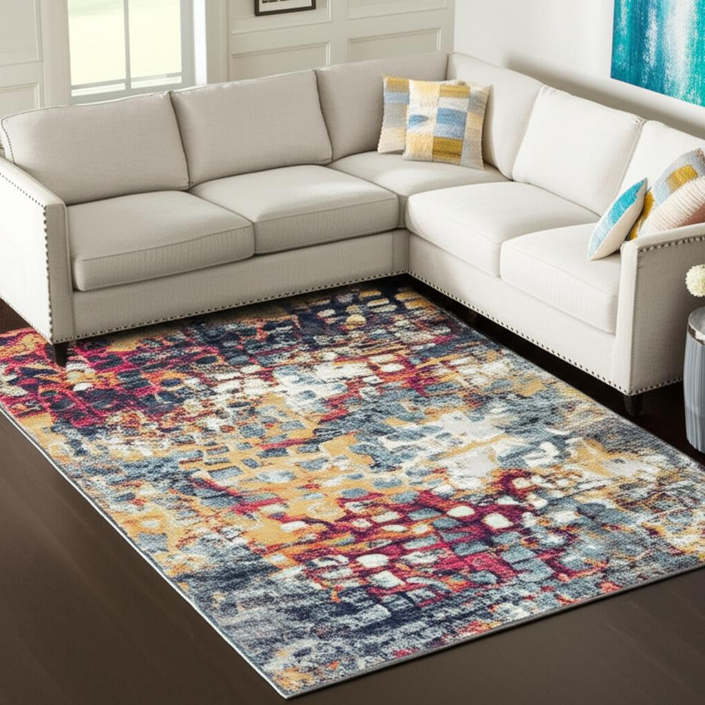 20' Blue And Ivory Abstract Runner Rug-Area Rugs-DECOROLALA