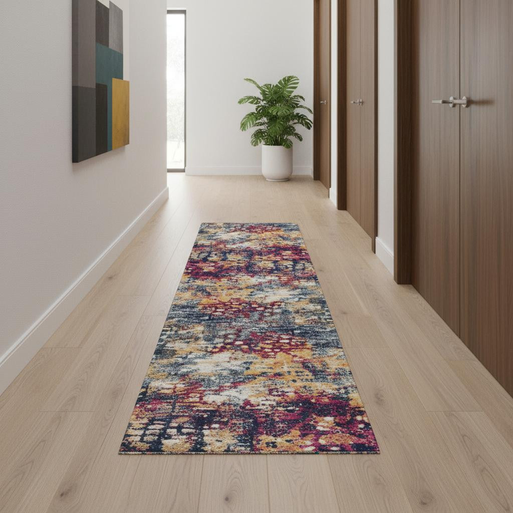 20' Blue And Ivory Abstract Runner Rug-Area Rugs-DECOROLALA