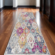 20' Blue And Ivory Floral Distressed Runner Rug-Area Rugs-DECOROLALA