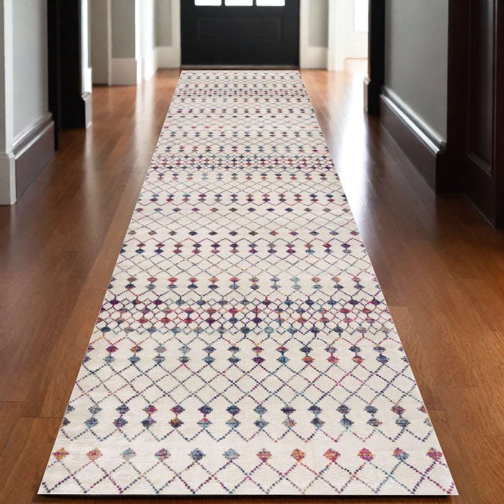 20' Blue And Ivory Ikat Runner Rug-Area Rugs-DECOROLALA