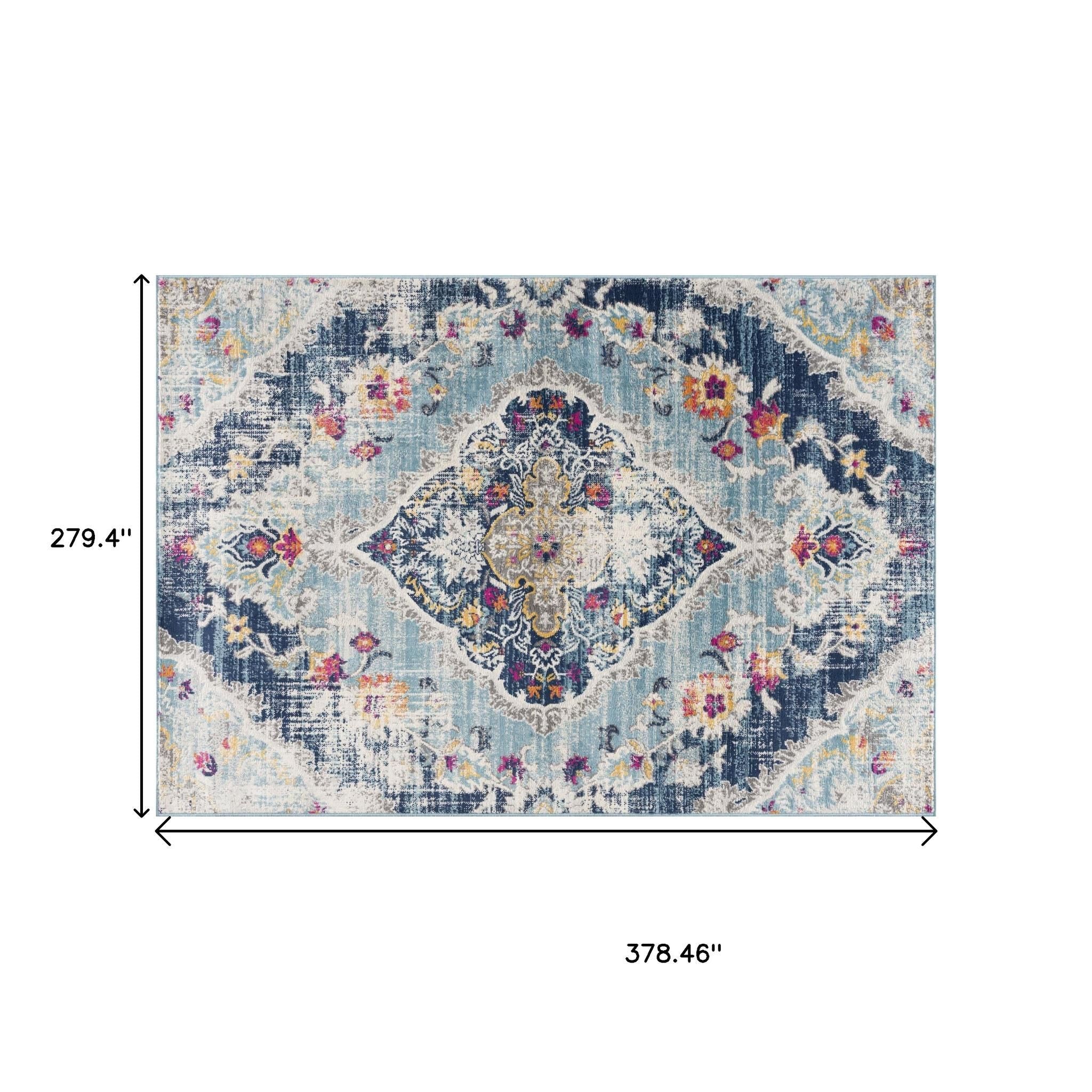 20' Blue And Ivory Medallion Runner Rug-Area Rugs-DECOROLALA