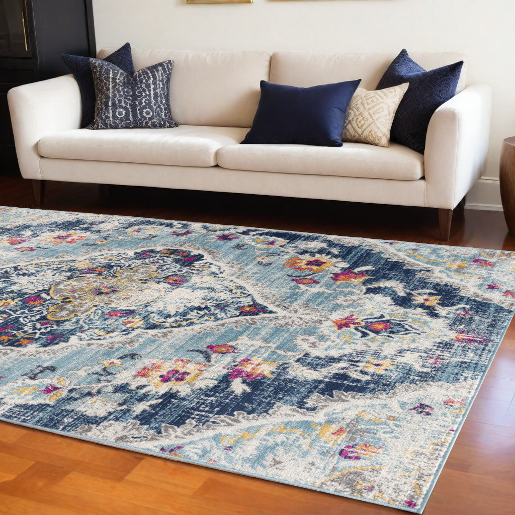 20' Blue And Ivory Medallion Runner Rug-Area Rugs-DECOROLALA