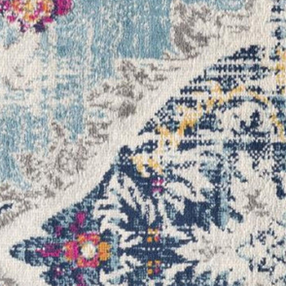 20' Blue And Ivory Medallion Runner Rug-Area Rugs-DECOROLALA