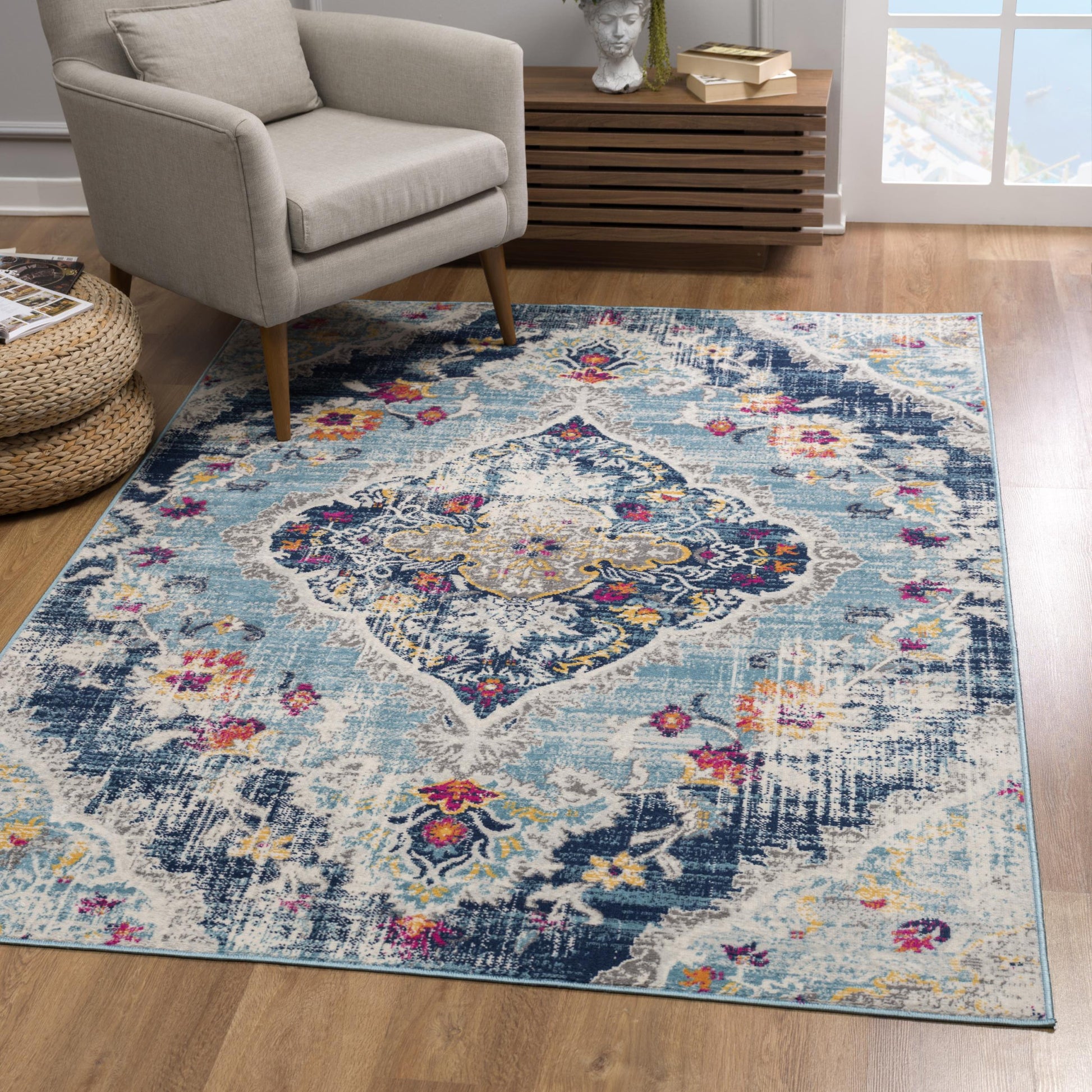 20' Blue And Ivory Medallion Runner Rug-Area Rugs-DECOROLALA