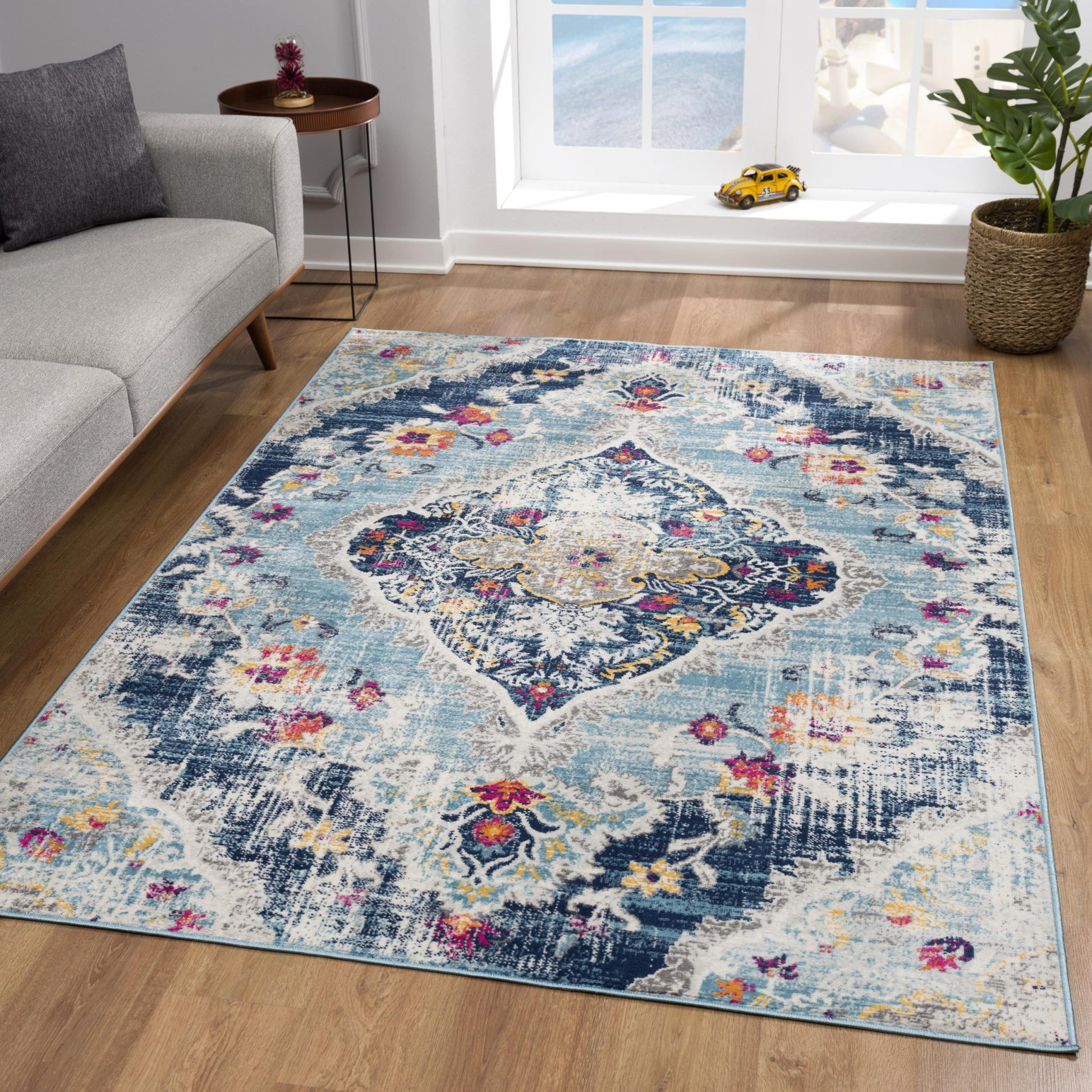 20' Blue And Ivory Medallion Runner Rug-Area Rugs-DECOROLALA