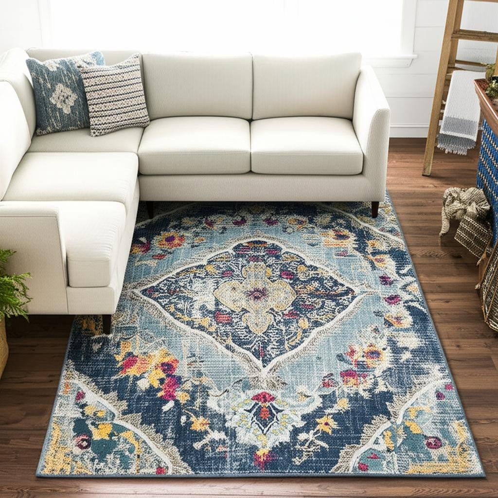 20' Blue And Ivory Medallion Runner Rug-Area Rugs-DECOROLALA