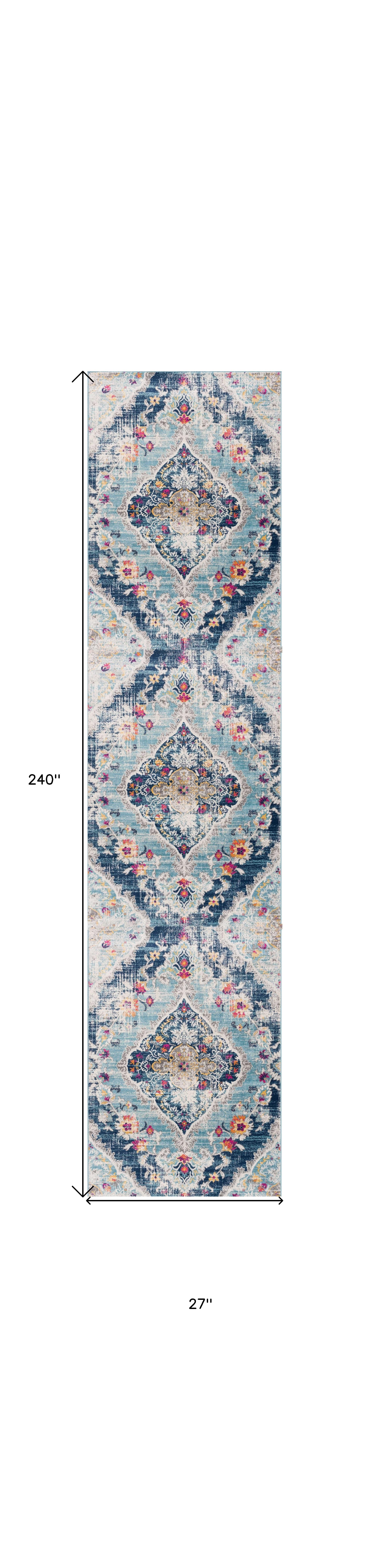 20' Blue And Ivory Medallion Runner Rug-Area Rugs-DECOROLALA