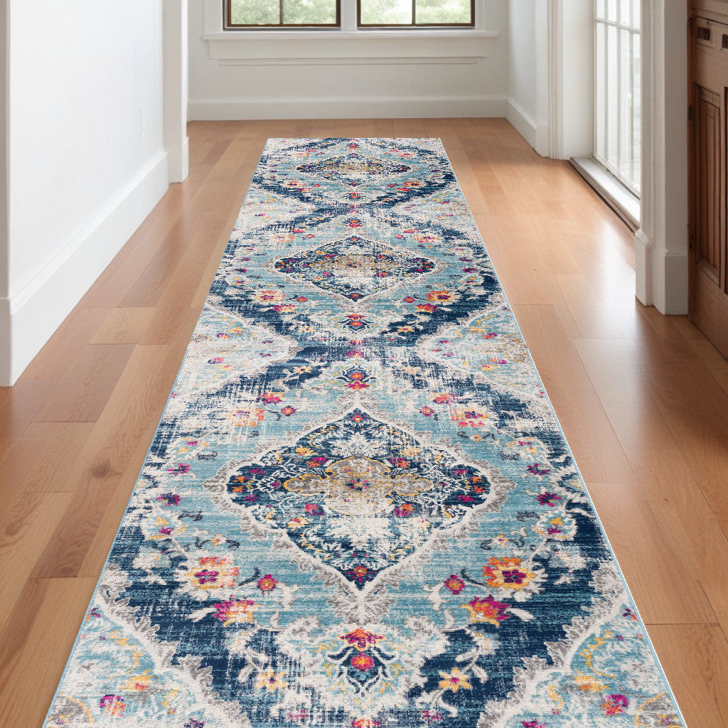 20' Blue And Ivory Medallion Runner Rug-Area Rugs-DECOROLALA