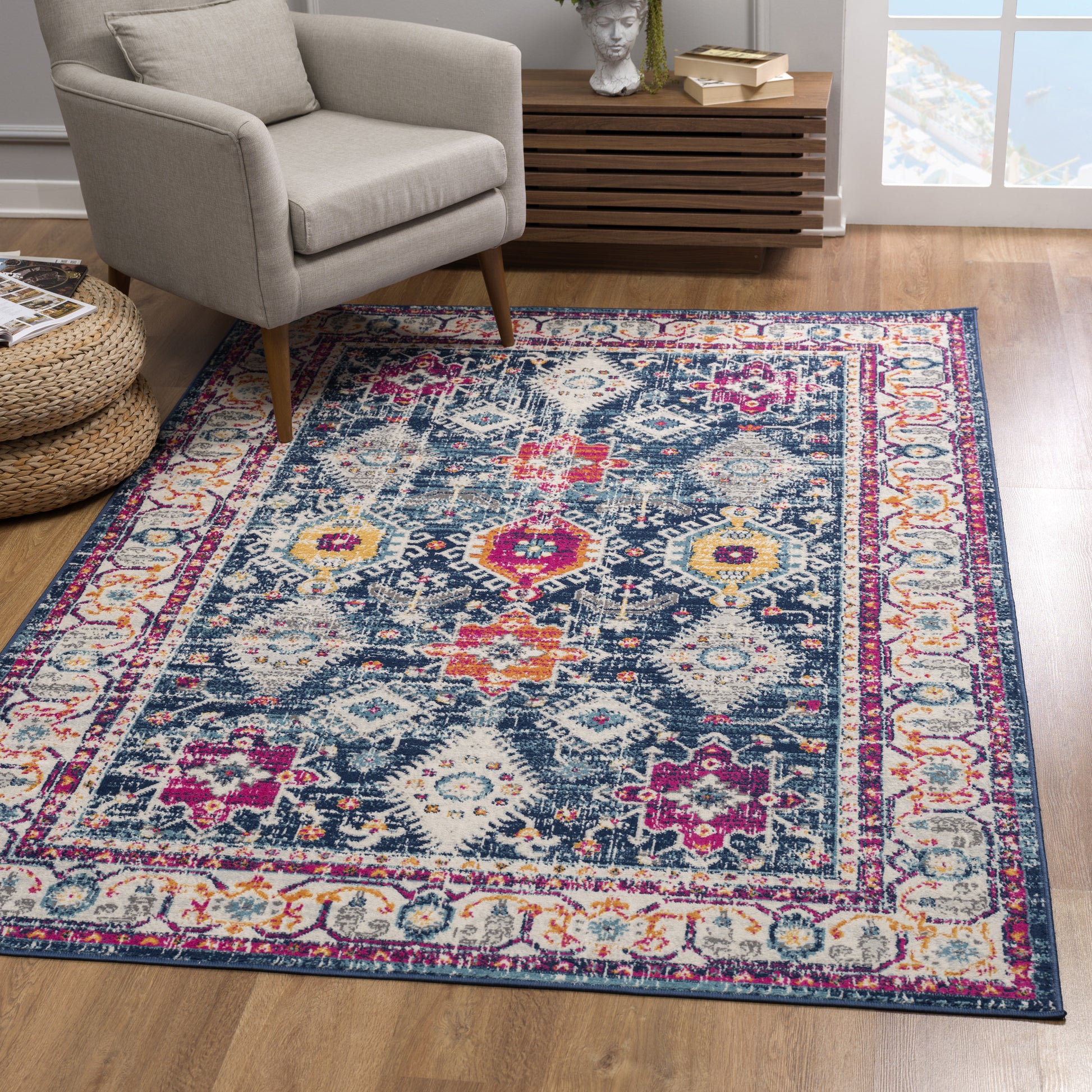 20' Blue And Ivory Oriental Runner Rug-Area Rugs-DECOROLALA