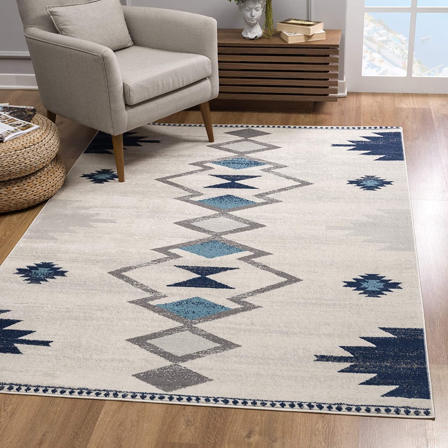 20' Blue And Ivory Southwestern Runner Rug-Area Rugs-DECOROLALA