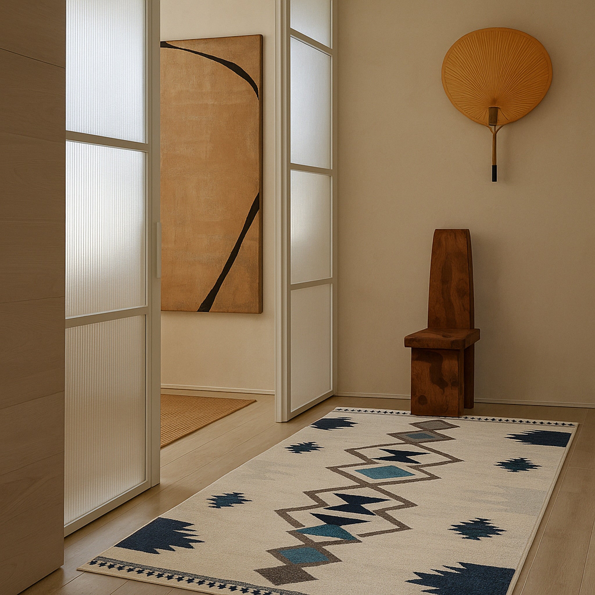 20' Blue And Ivory Southwestern Runner Rug-Area Rugs-DECOROLALA