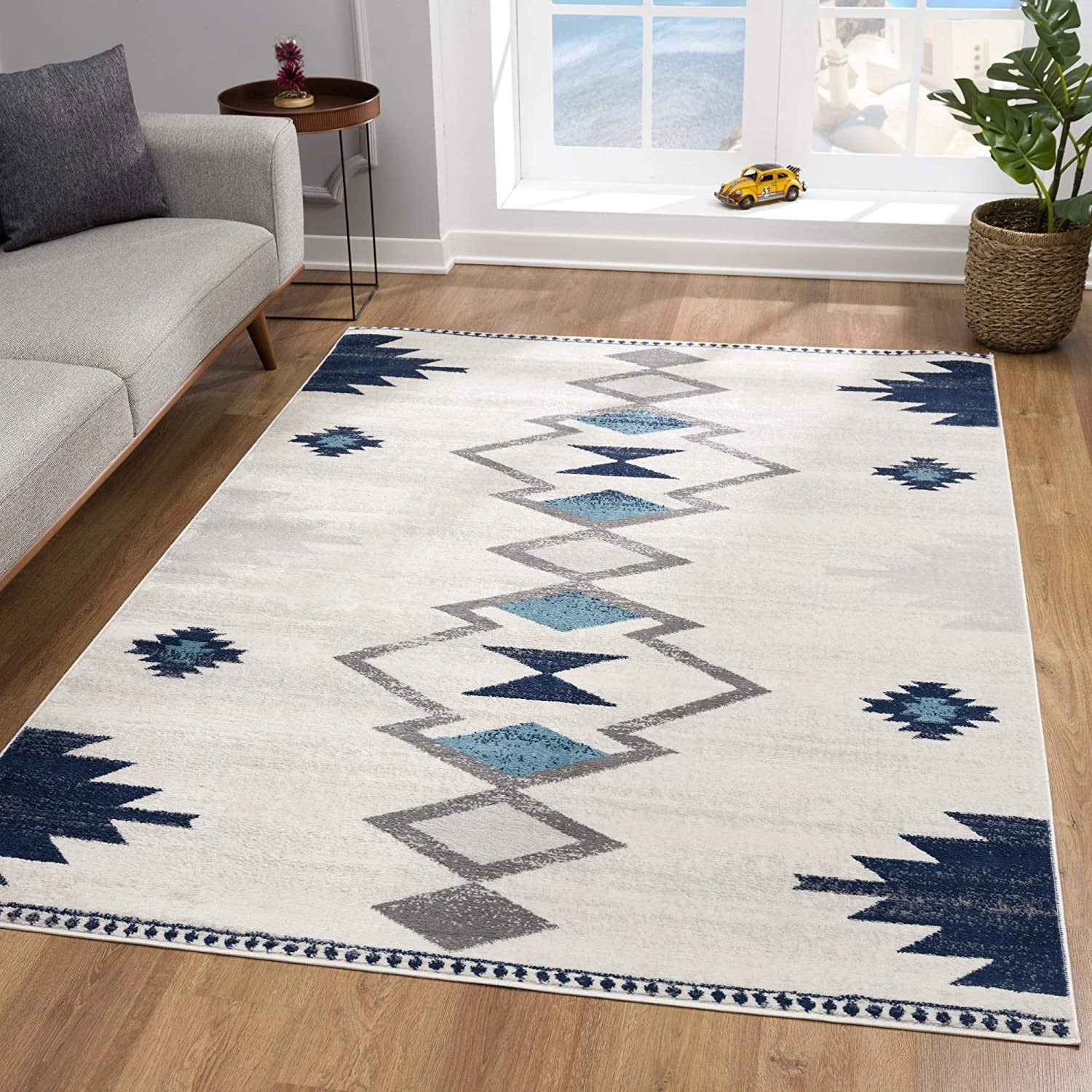 20' Blue And Ivory Southwestern Runner Rug-Area Rugs-DECOROLALA