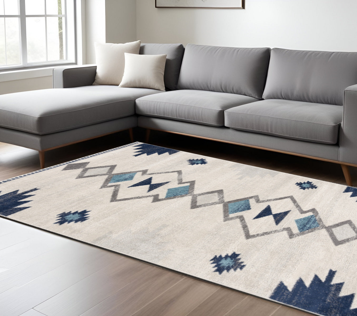 20' Blue And Ivory Southwestern Runner Rug-Area Rugs-DECOROLALA