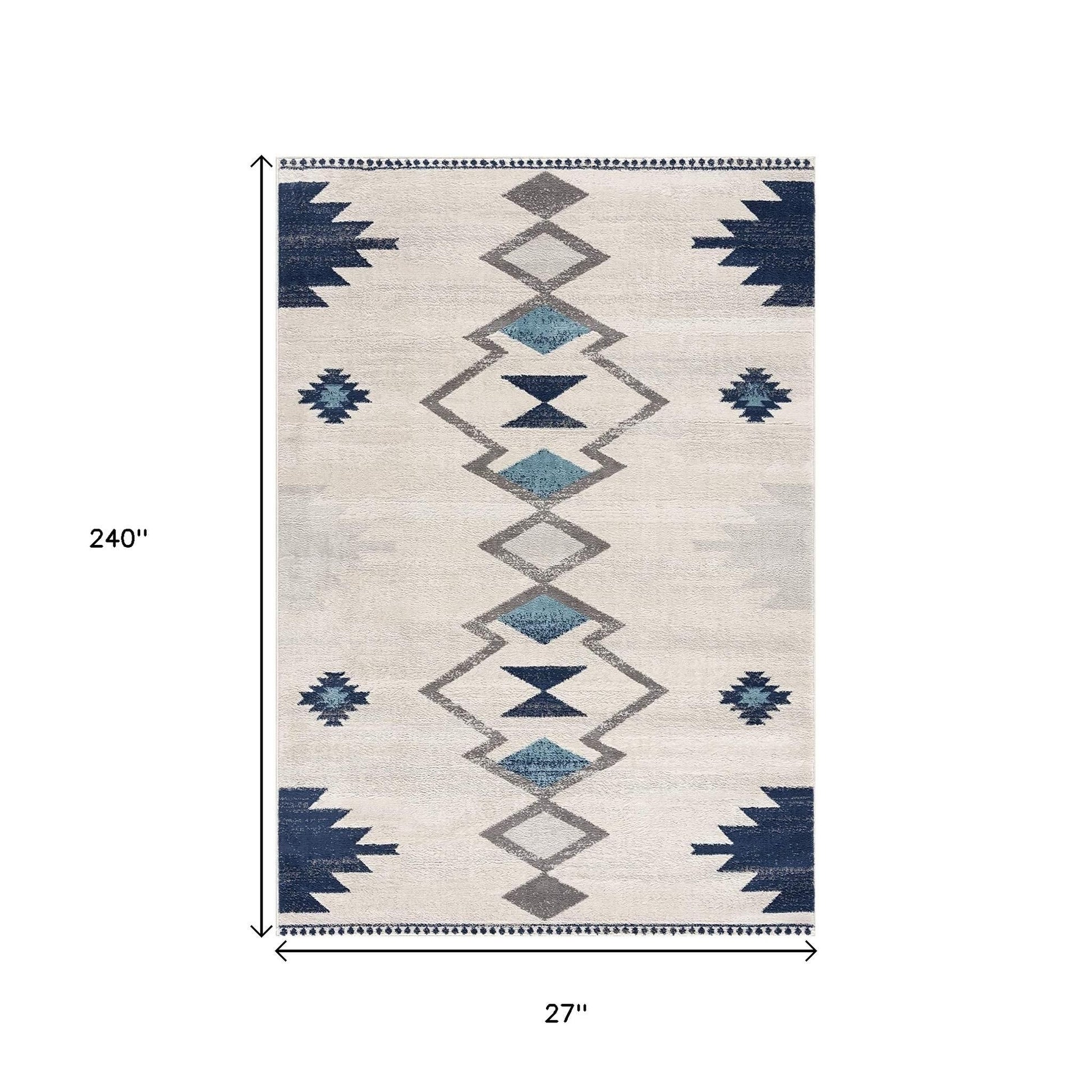 20' Blue And Ivory Southwestern Runner Rug-Area Rugs-DECOROLALA