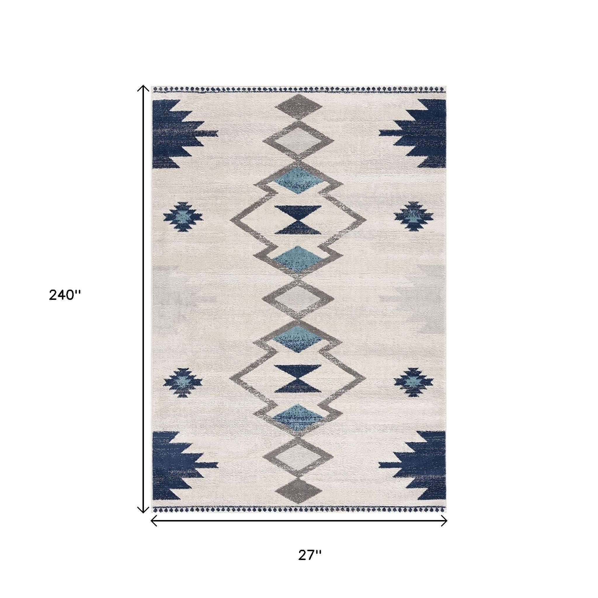 20' Blue And Ivory Southwestern Runner Rug-Area Rugs-DECOROLALA
