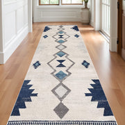 20' Blue And Ivory Southwestern Runner Rug-Area Rugs-DECOROLALA