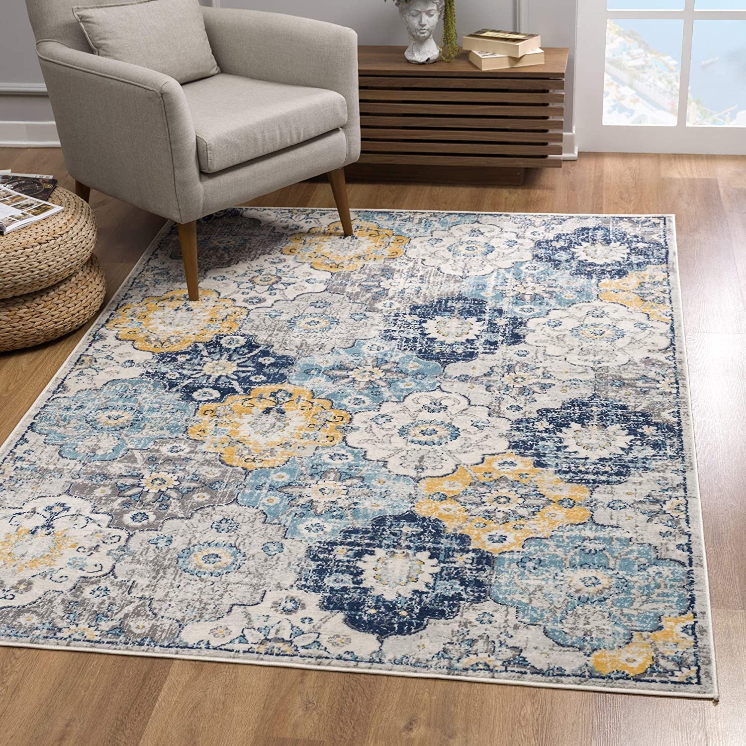 20' Blue And Yellow Floral Runner Rug-Area Rugs-DECOROLALA