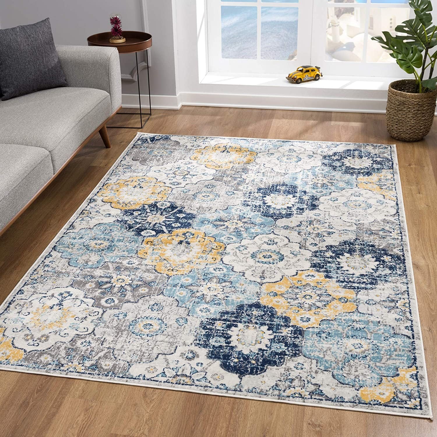 20' Blue And Yellow Floral Runner Rug-Area Rugs-DECOROLALA