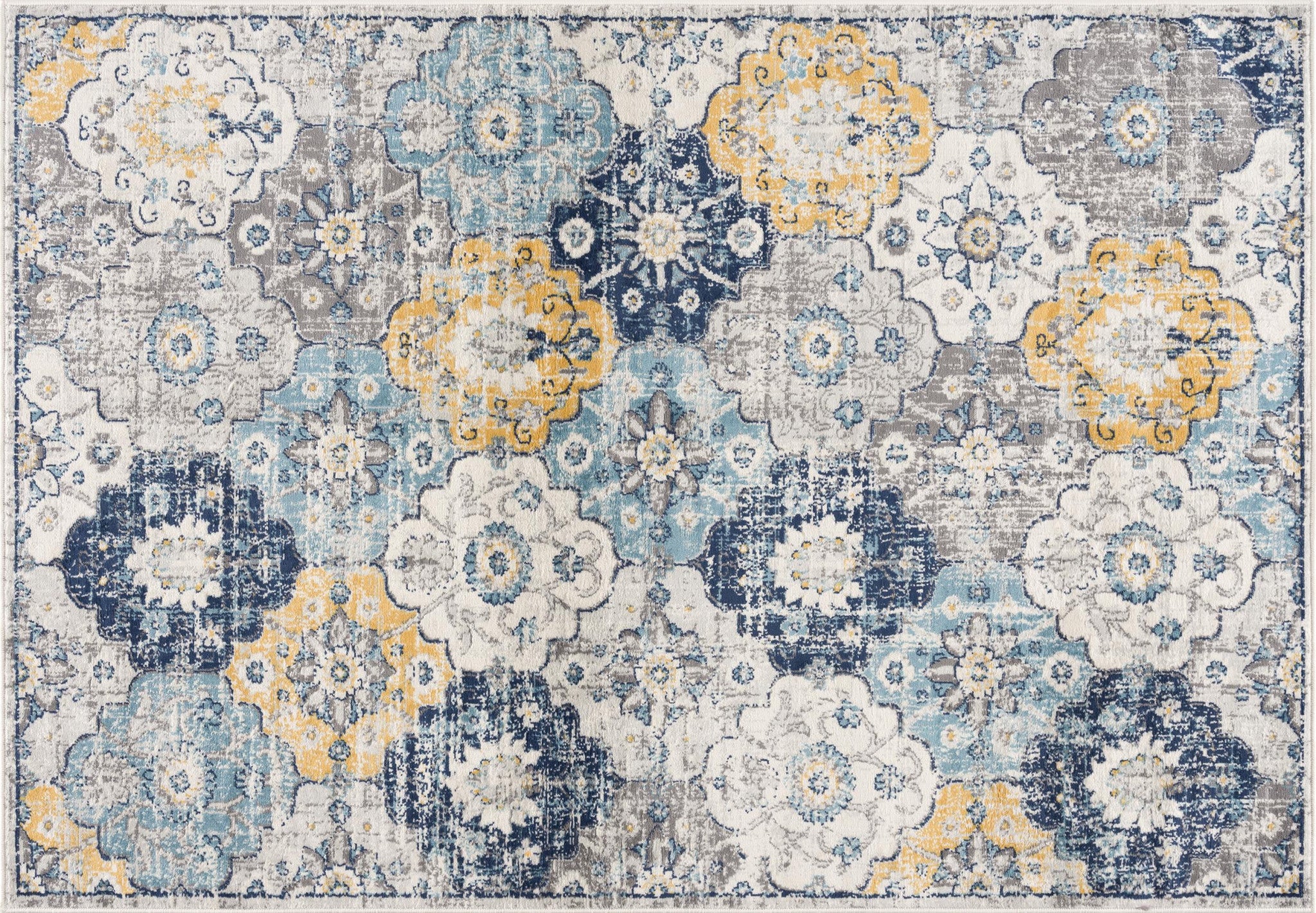 20' Blue And Yellow Floral Runner Rug-Area Rugs-DECOROLALA