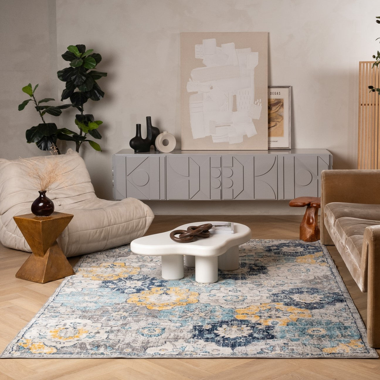 20' Blue And Yellow Floral Runner Rug-Area Rugs-DECOROLALA