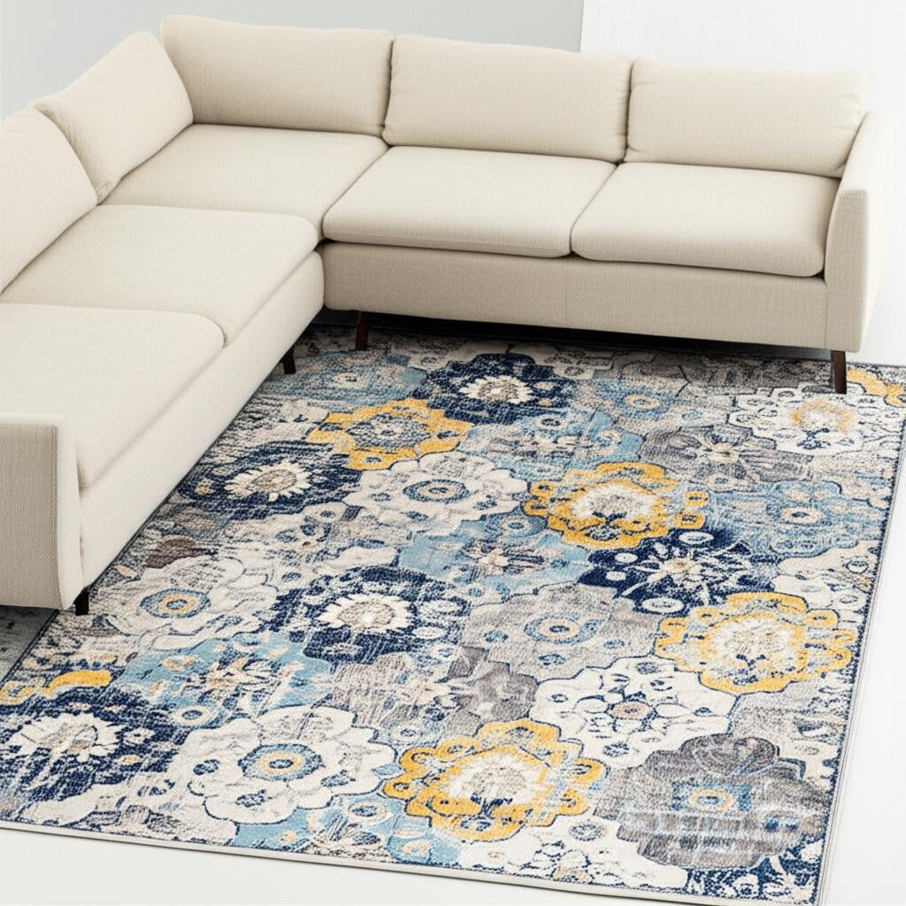 20' Blue And Yellow Floral Runner Rug-Area Rugs-DECOROLALA
