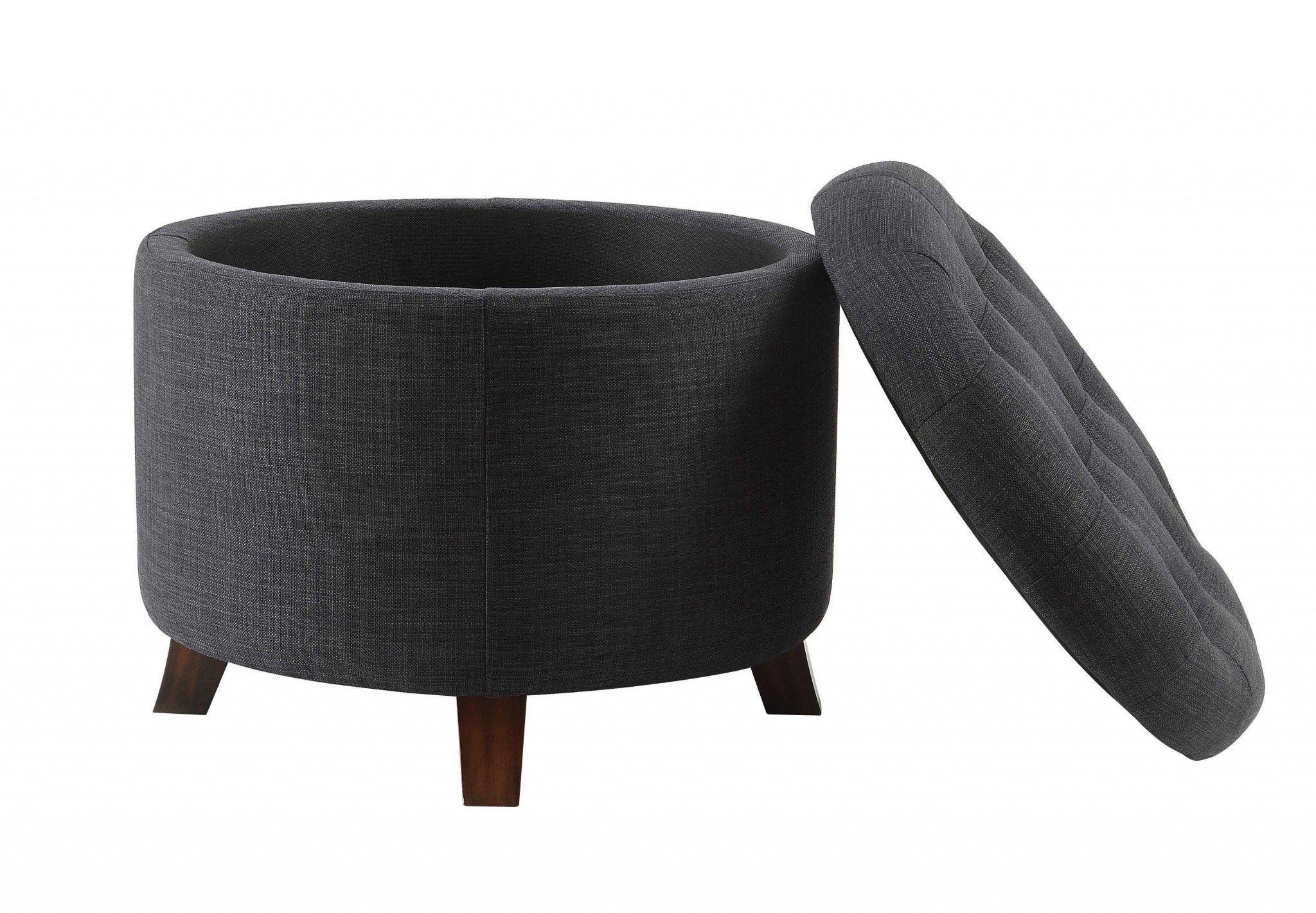 20" Dark Blue Linen And Brown Storage-Ottomans-DECOROLALA