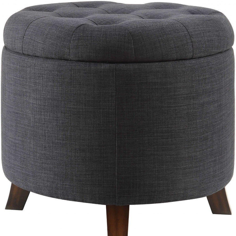 20" Dark Blue Linen And Brown Storage-Ottomans-DECOROLALA