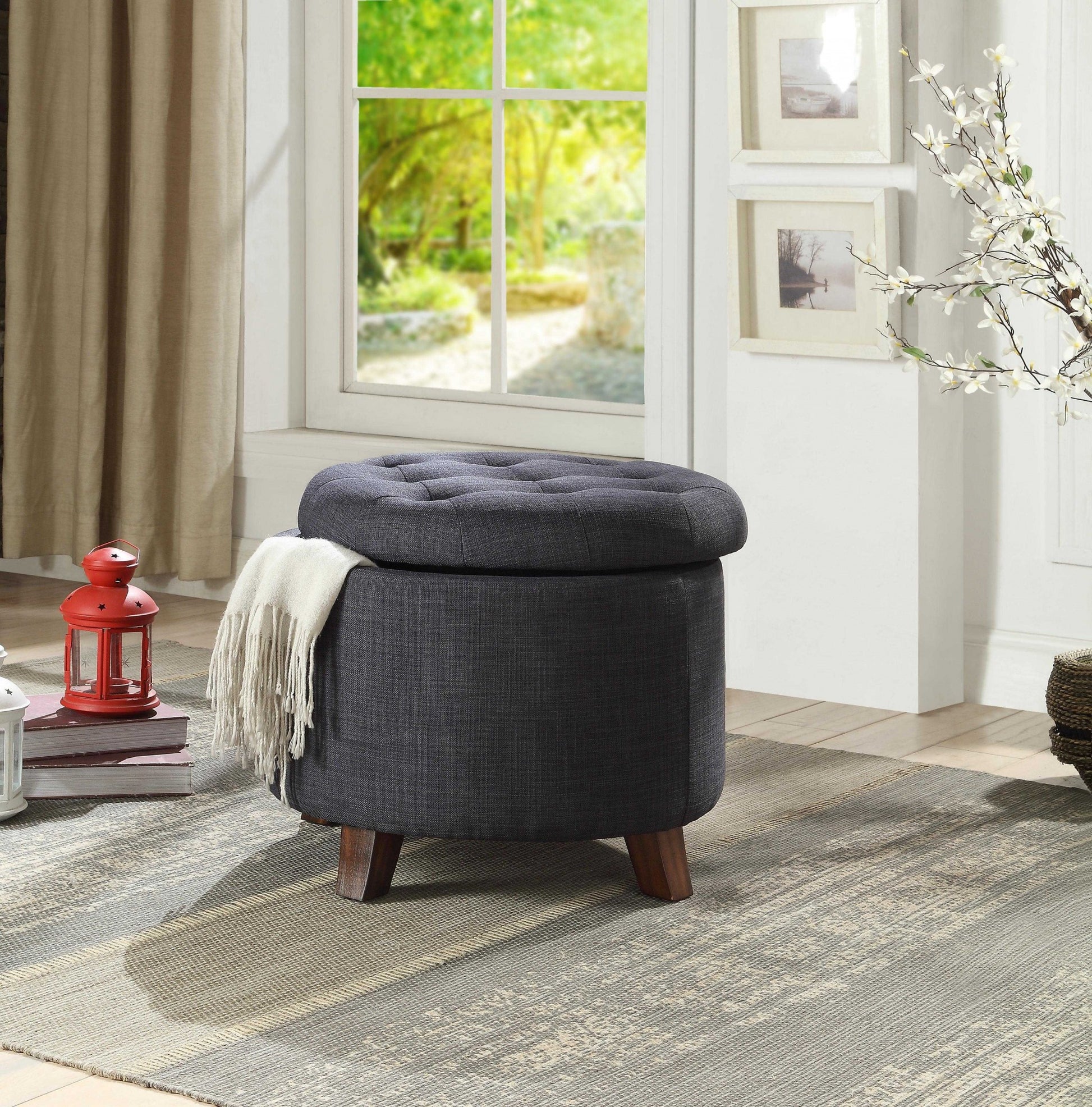 20" Dark Blue Linen And Brown Storage-Ottomans-DECOROLALA