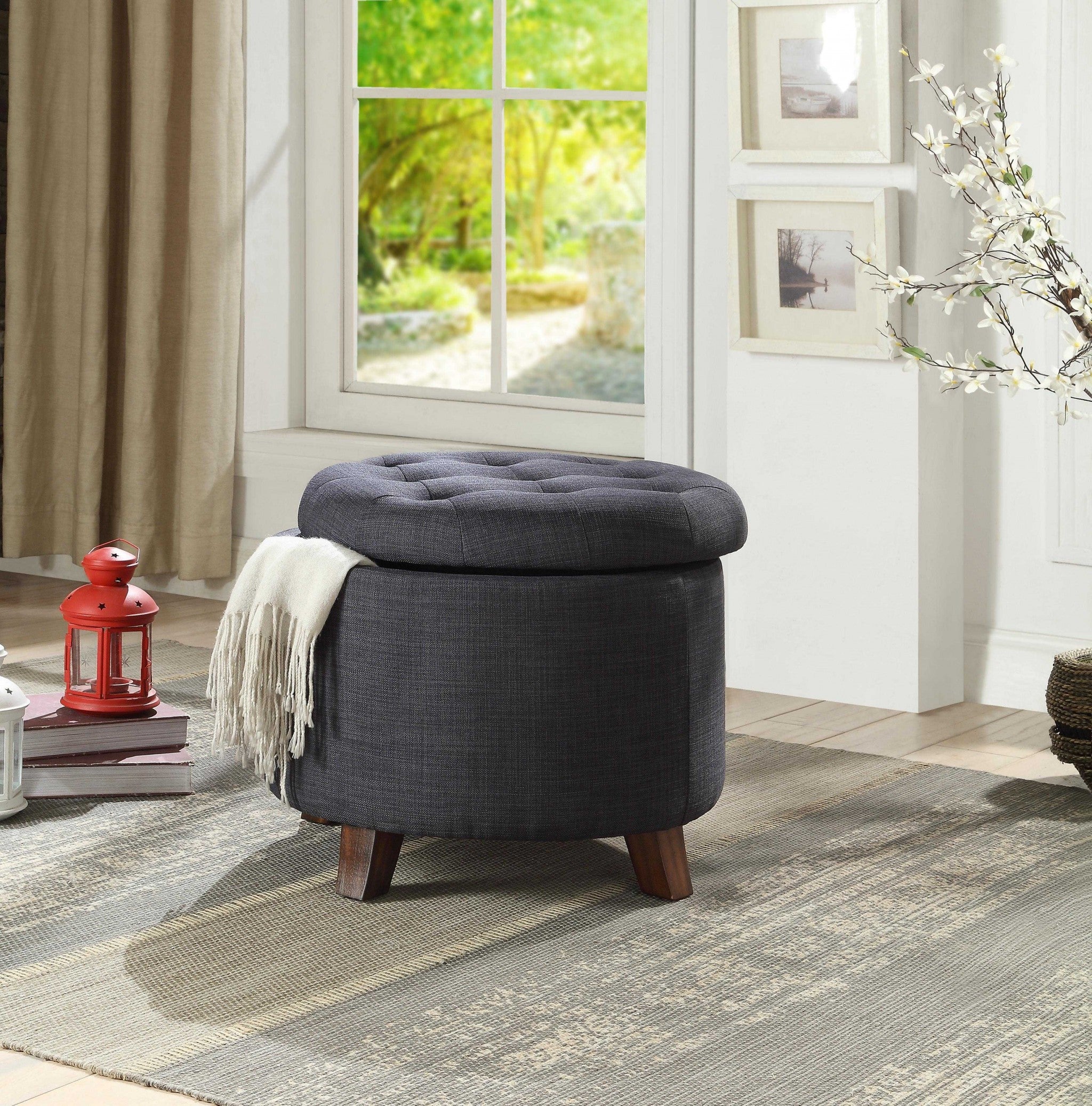 20" Dark Blue Linen And Brown Storage-Ottomans-DECOROLALA