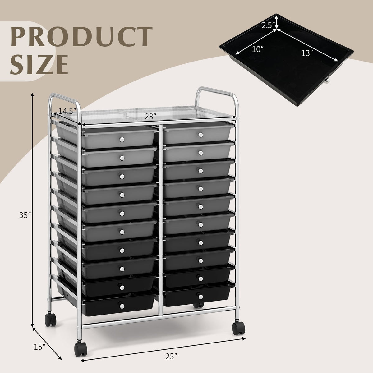20 Drawers Rolling Storage Cart Studio Organizer-Black & Gray-File Cabinets-DECOROLALA