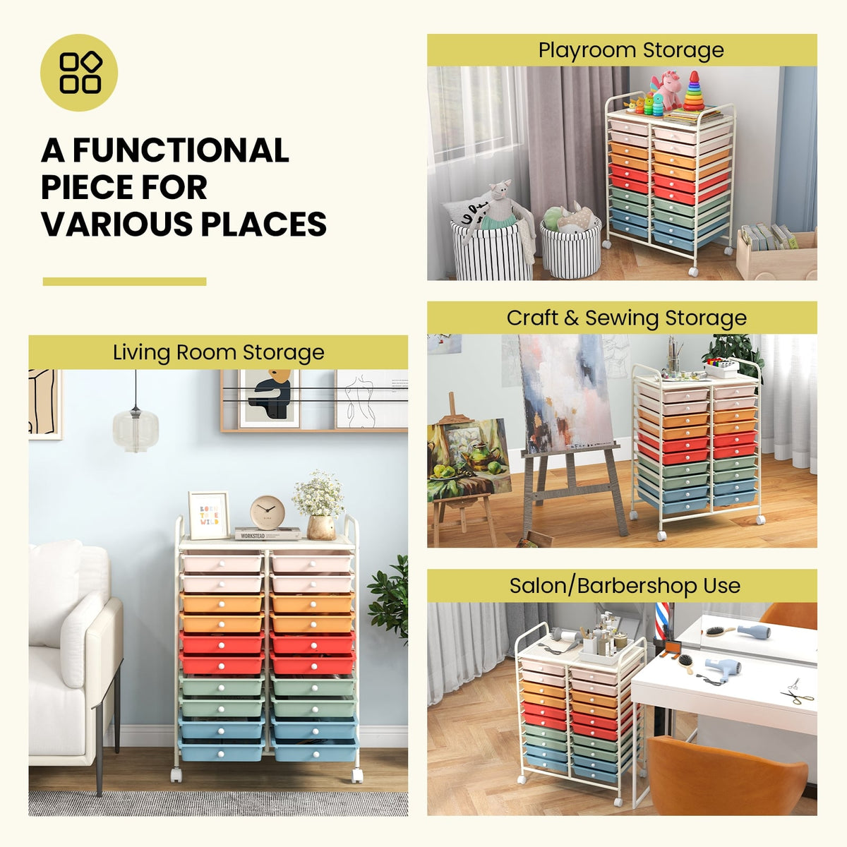 20 Drawers Rolling Storage Cart Studio Organizer-Deep Multicolor-File Cabinets-DECOROLALA