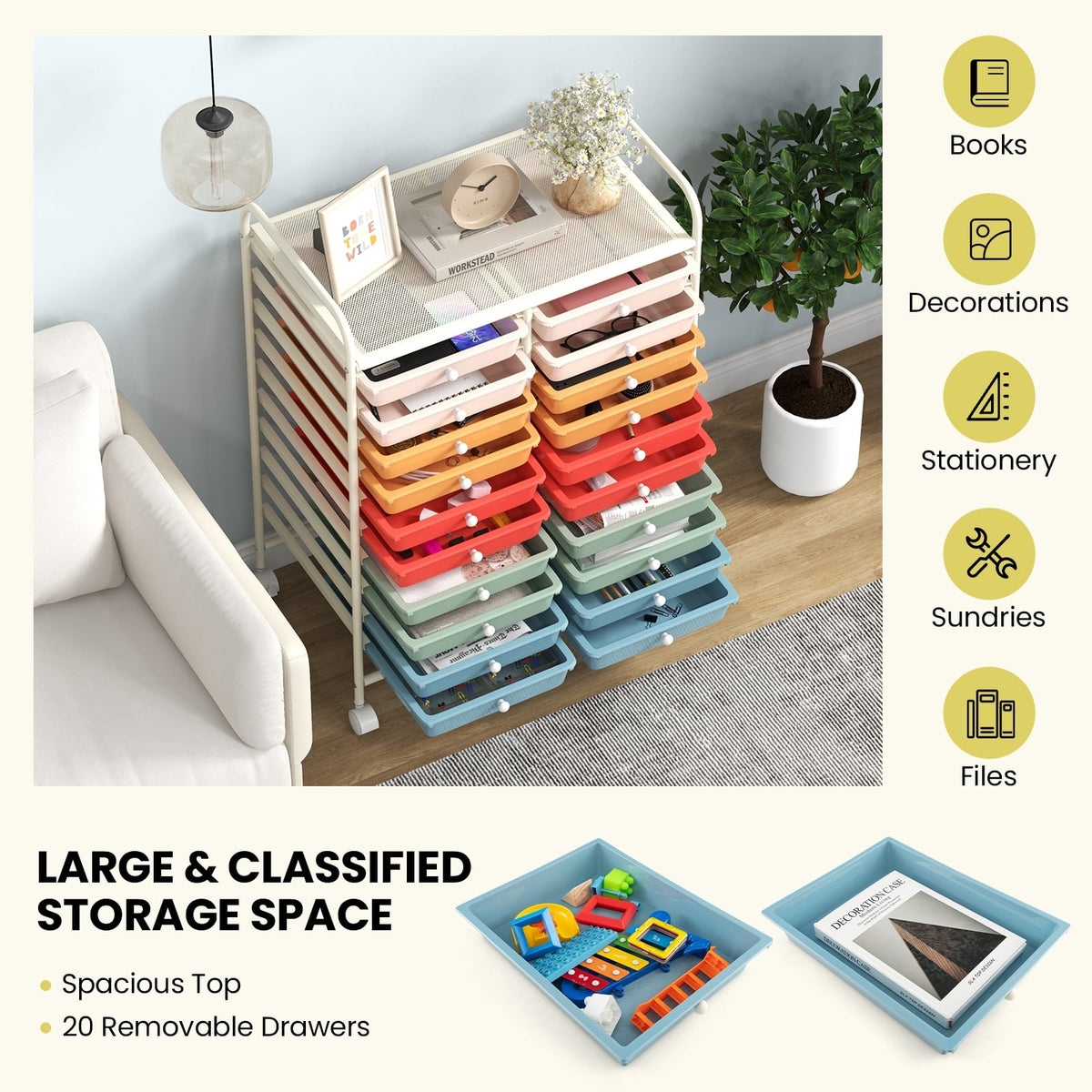20 Drawers Rolling Storage Cart Studio Organizer-Deep Multicolor-File Cabinets-DECOROLALA