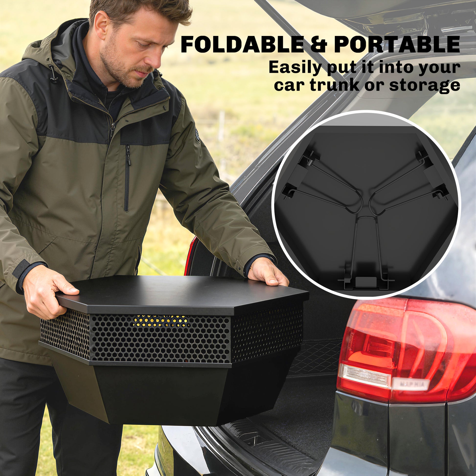 20" Foldable Fire Pit with Lid and Poker - Black Metal-Patio & Garden > Fire Pits-DECOROLALA