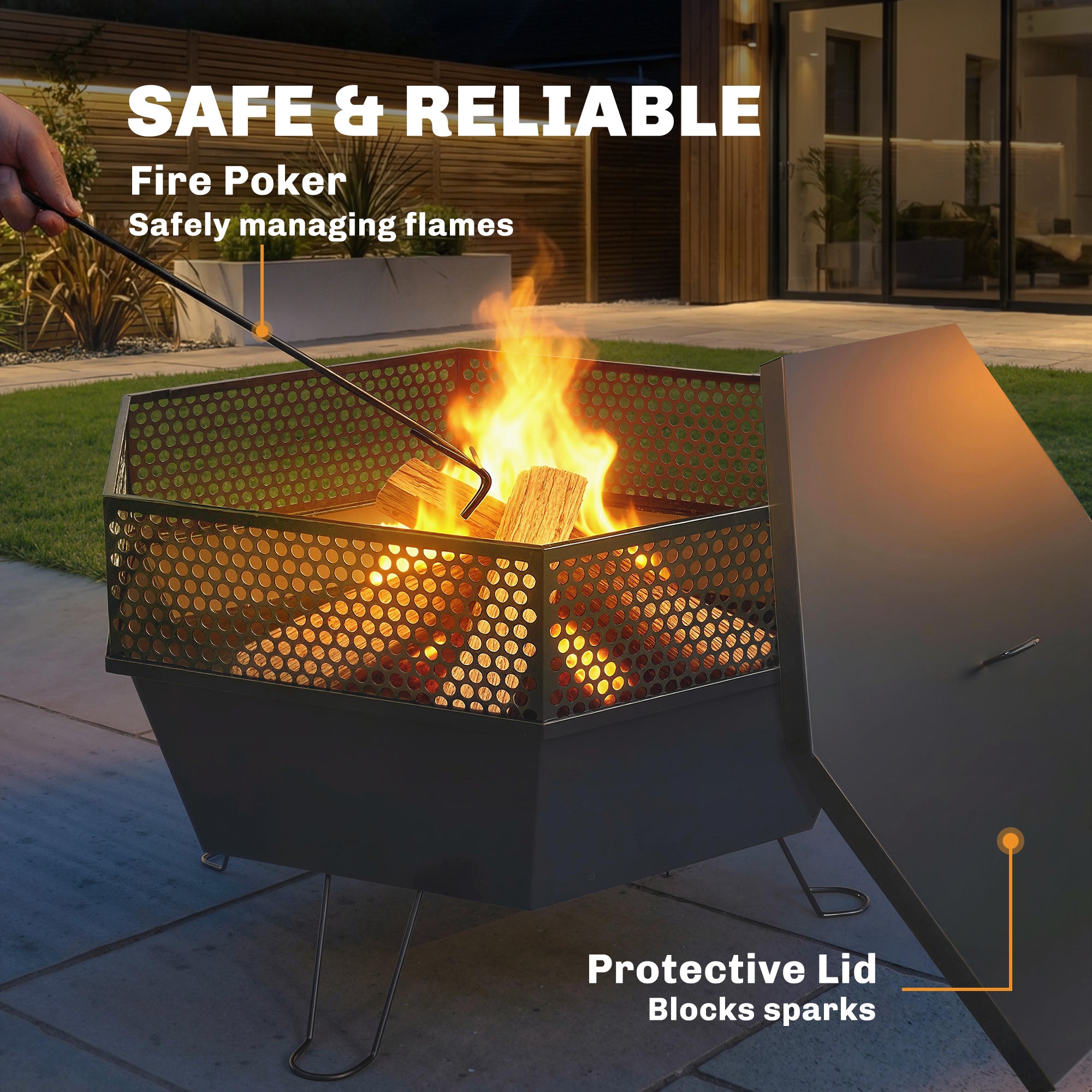 20" Foldable Fire Pit with Lid and Poker - Black Metal-Patio & Garden > Fire Pits-DECOROLALA