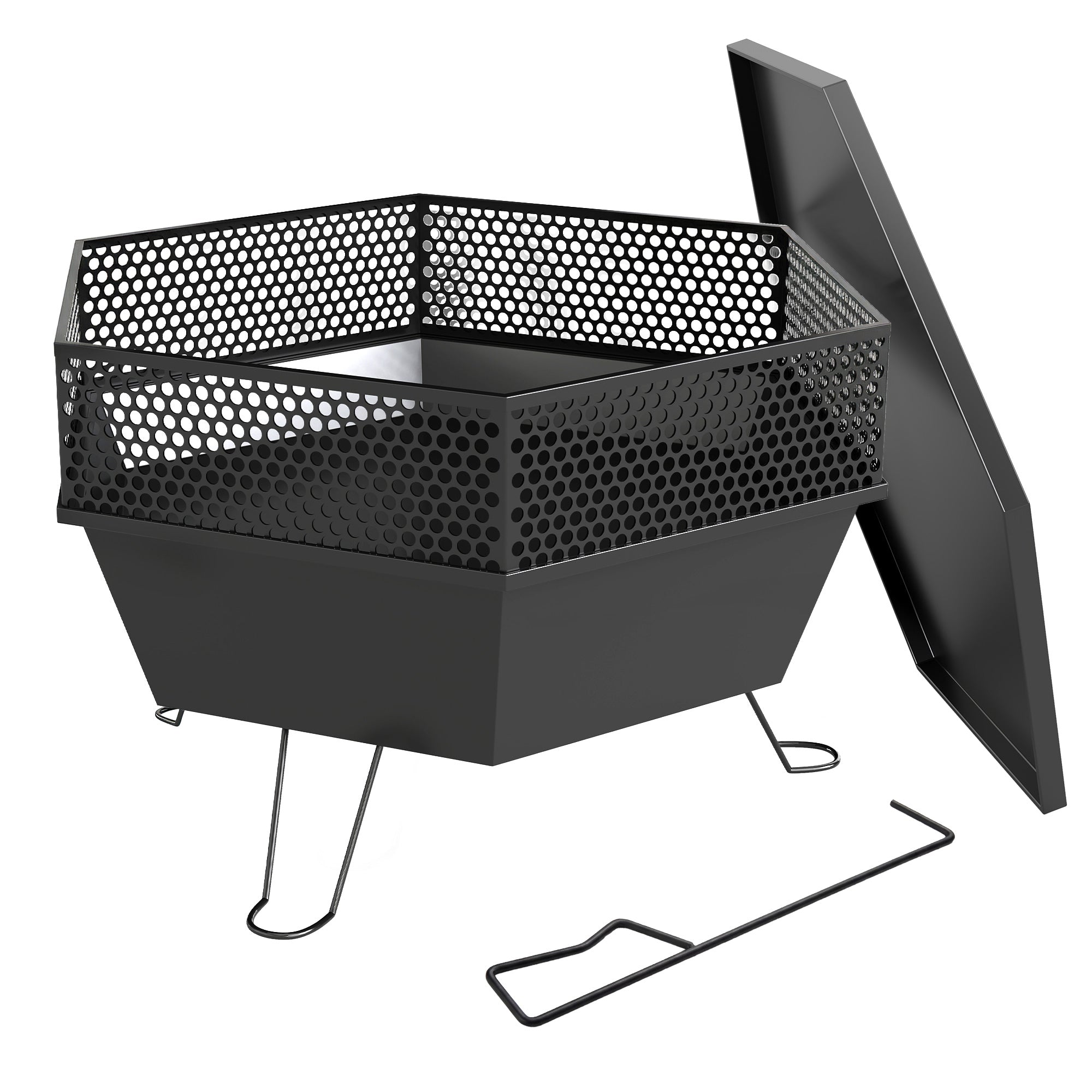 20" Foldable Fire Pit with Lid and Poker - Black Metal-Patio & Garden > Fire Pits-DECOROLALA