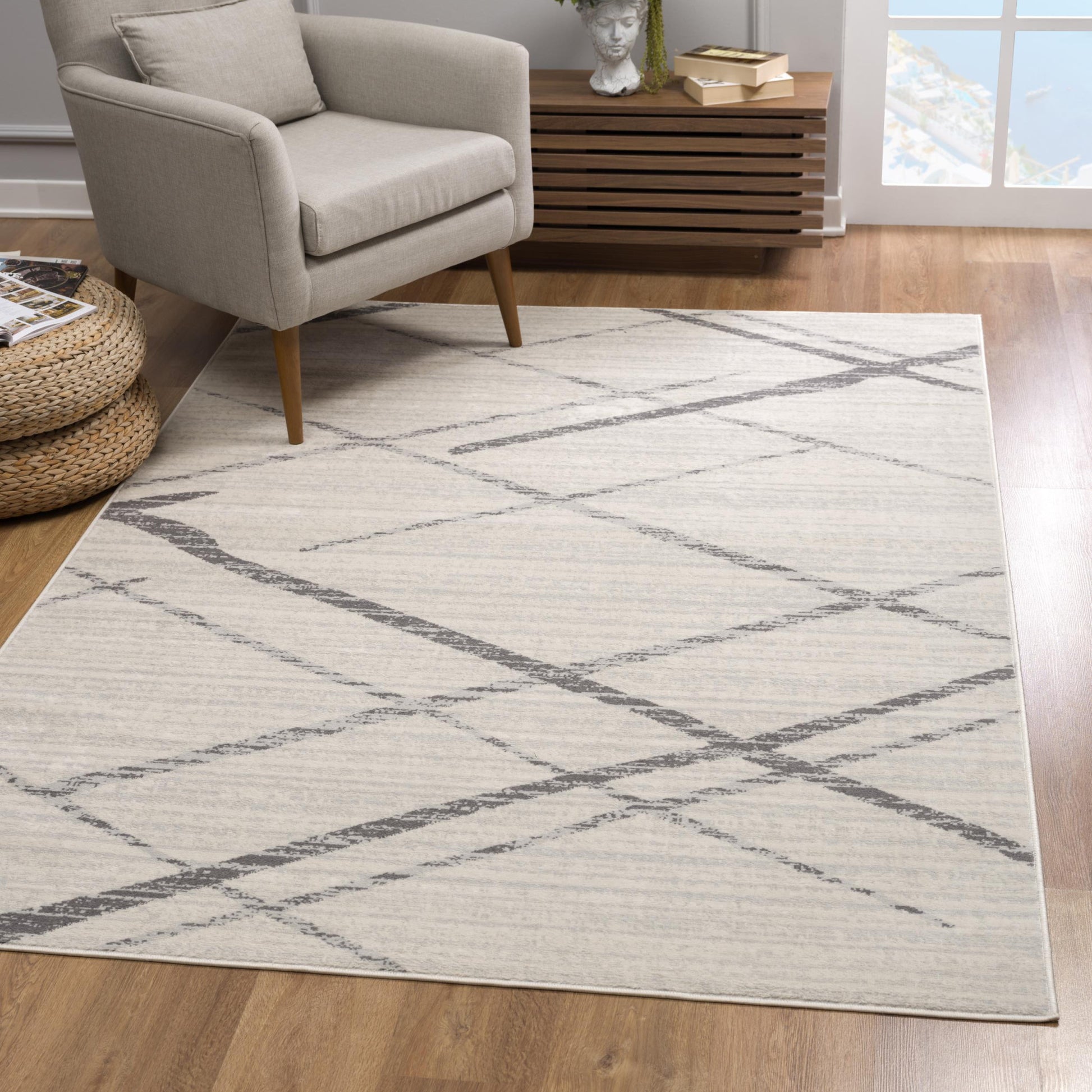 20' Gray And Ivory Geometric Runner Rug-Area Rugs-DECOROLALA