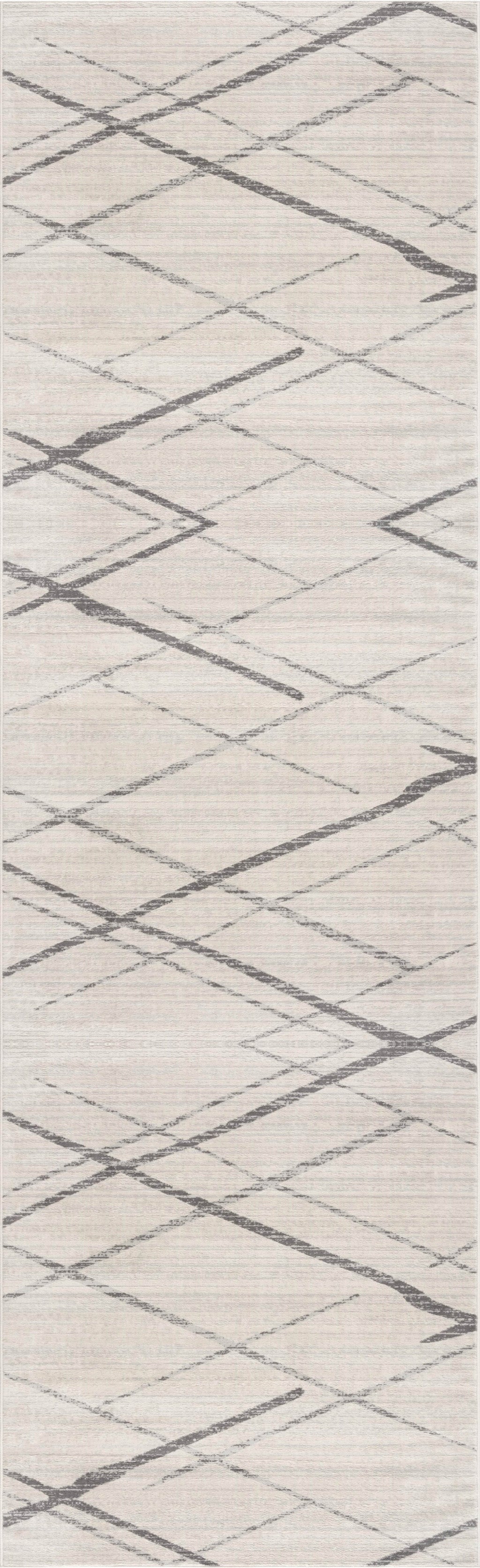 20' Gray And Ivory Geometric Runner Rug-Area Rugs-DECOROLALA