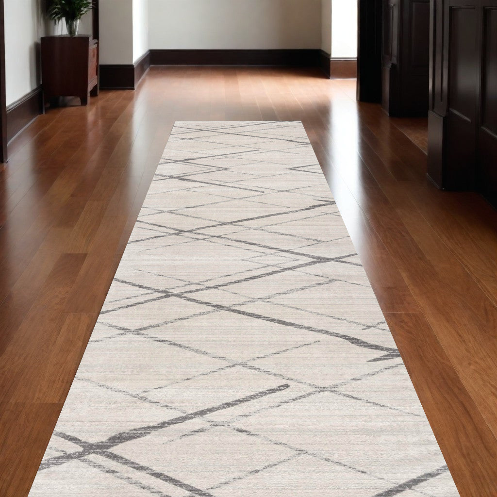 20' Gray And Ivory Geometric Runner Rug-Area Rugs-DECOROLALA