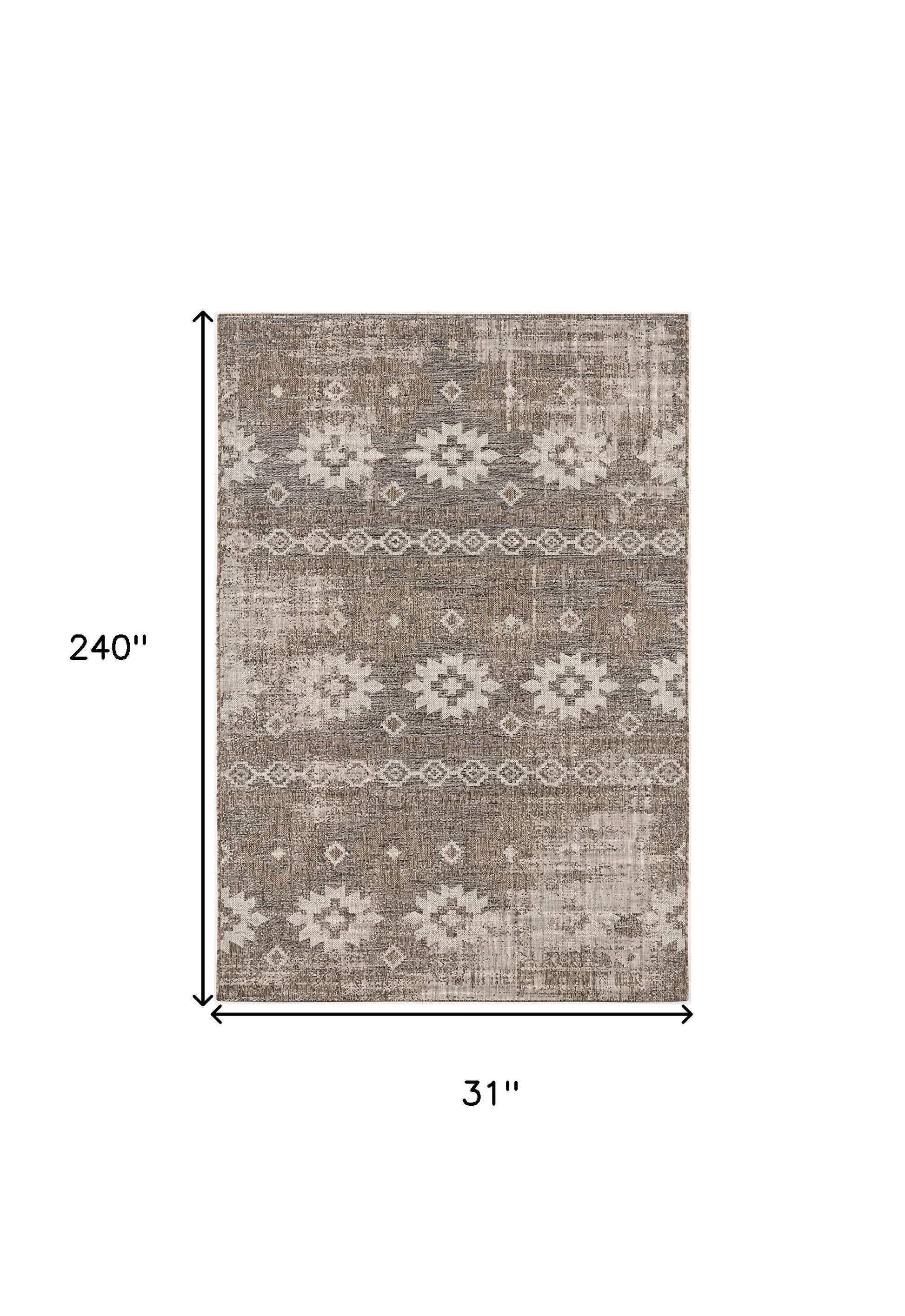 20' Gray And Ivory Ikat Runner Rug-Area Rugs-DECOROLALA