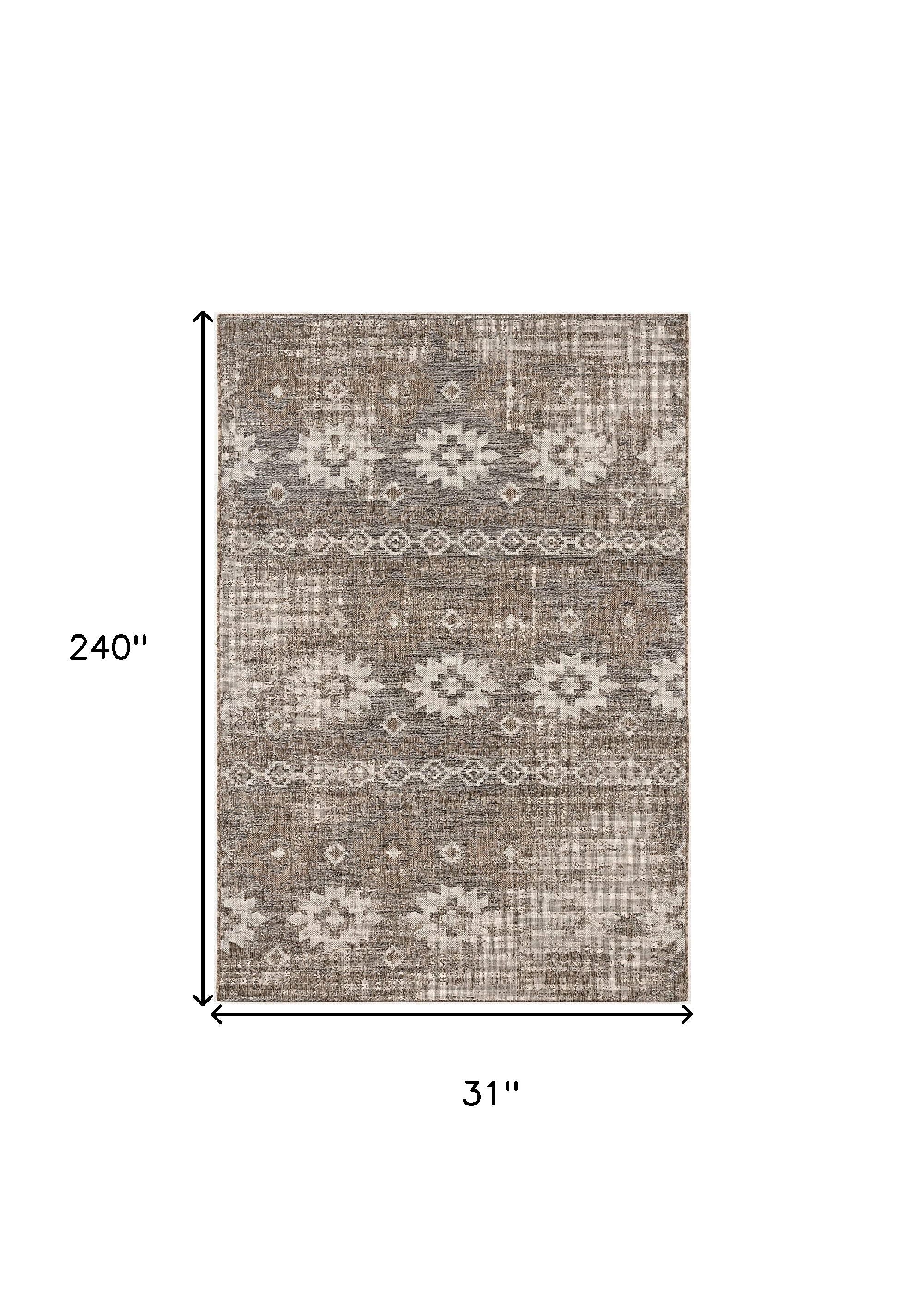20' Gray And Ivory Ikat Runner Rug-Area Rugs-DECOROLALA