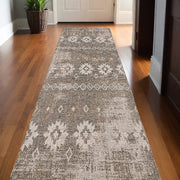 20' Gray And Ivory Ikat Runner Rug-Area Rugs-DECOROLALA