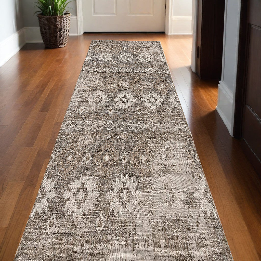 20' Gray And Ivory Ikat Runner Rug-Area Rugs-DECOROLALA