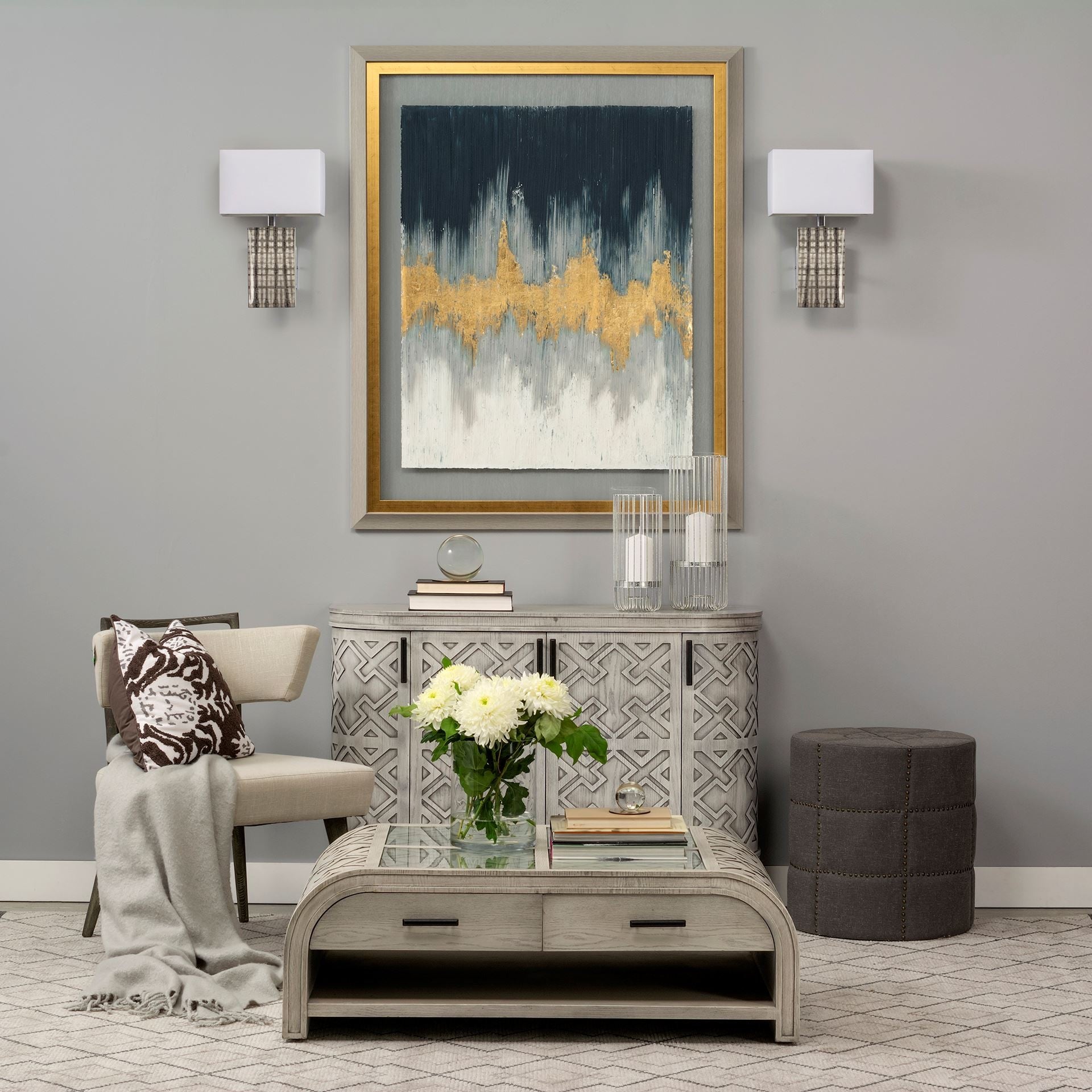 20" Gray Fabric Tufted Round Footstool-Ottomans-DECOROLALA