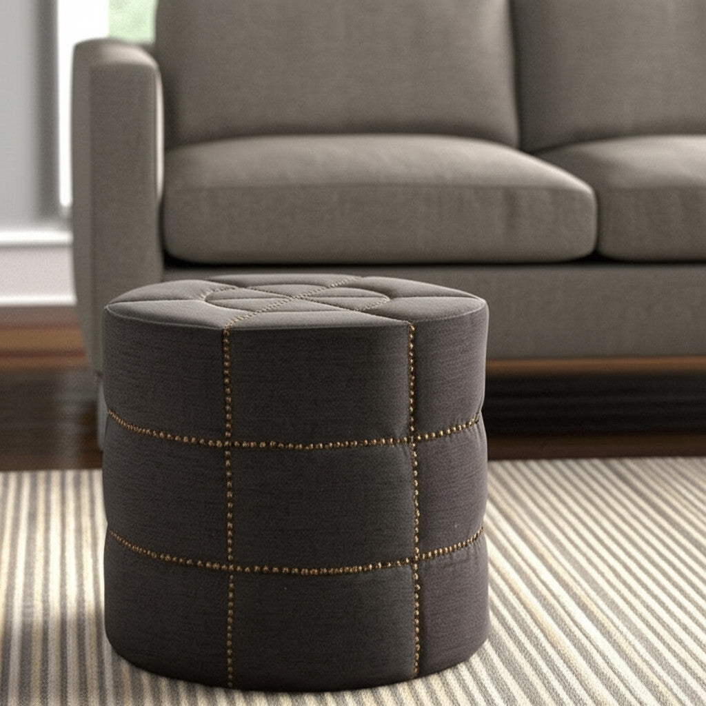 20" Gray Fabric Tufted Round Footstool-Ottomans-DECOROLALA