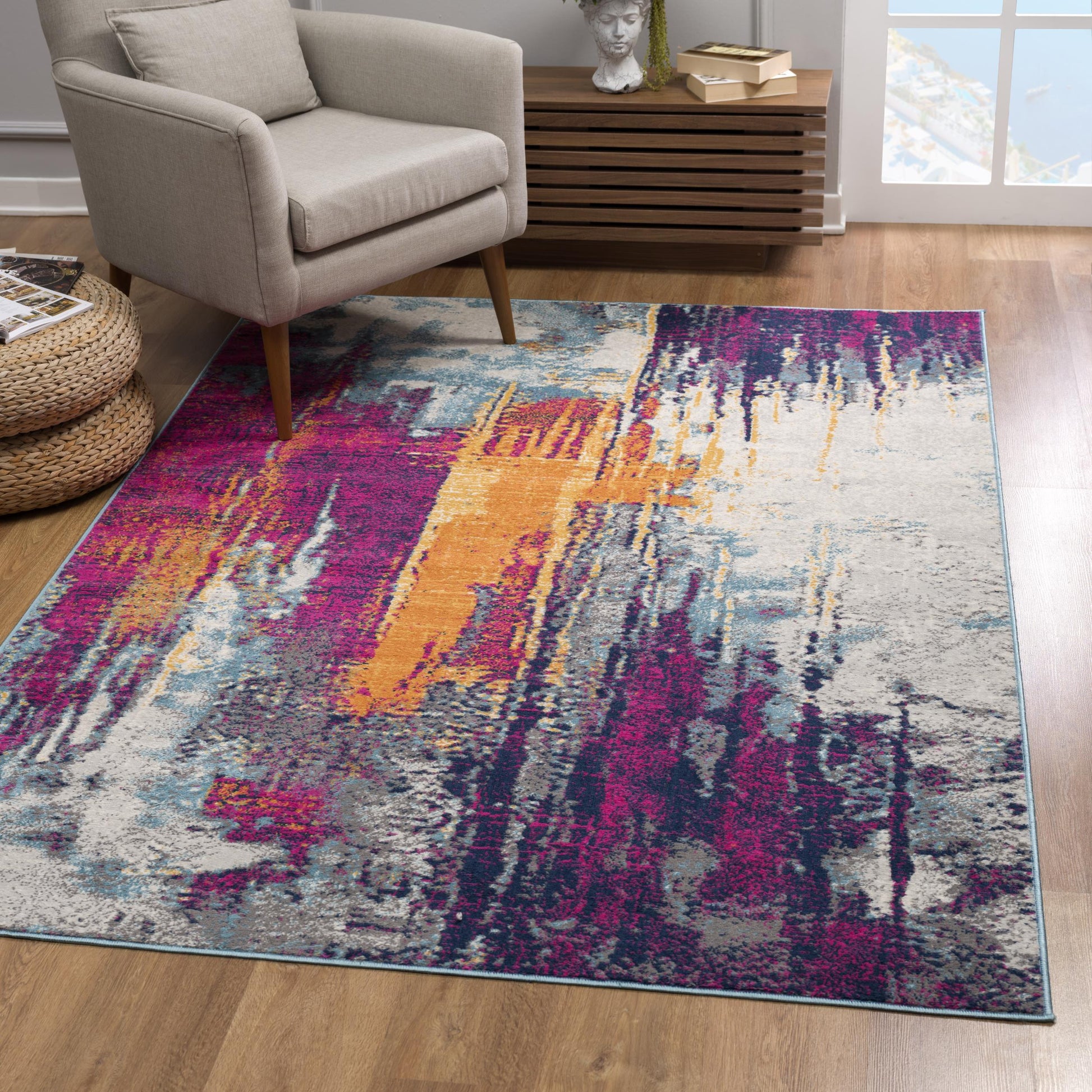 20' Gray Ivory And Magenta Abstract Runner Rug-Area Rugs-DECOROLALA