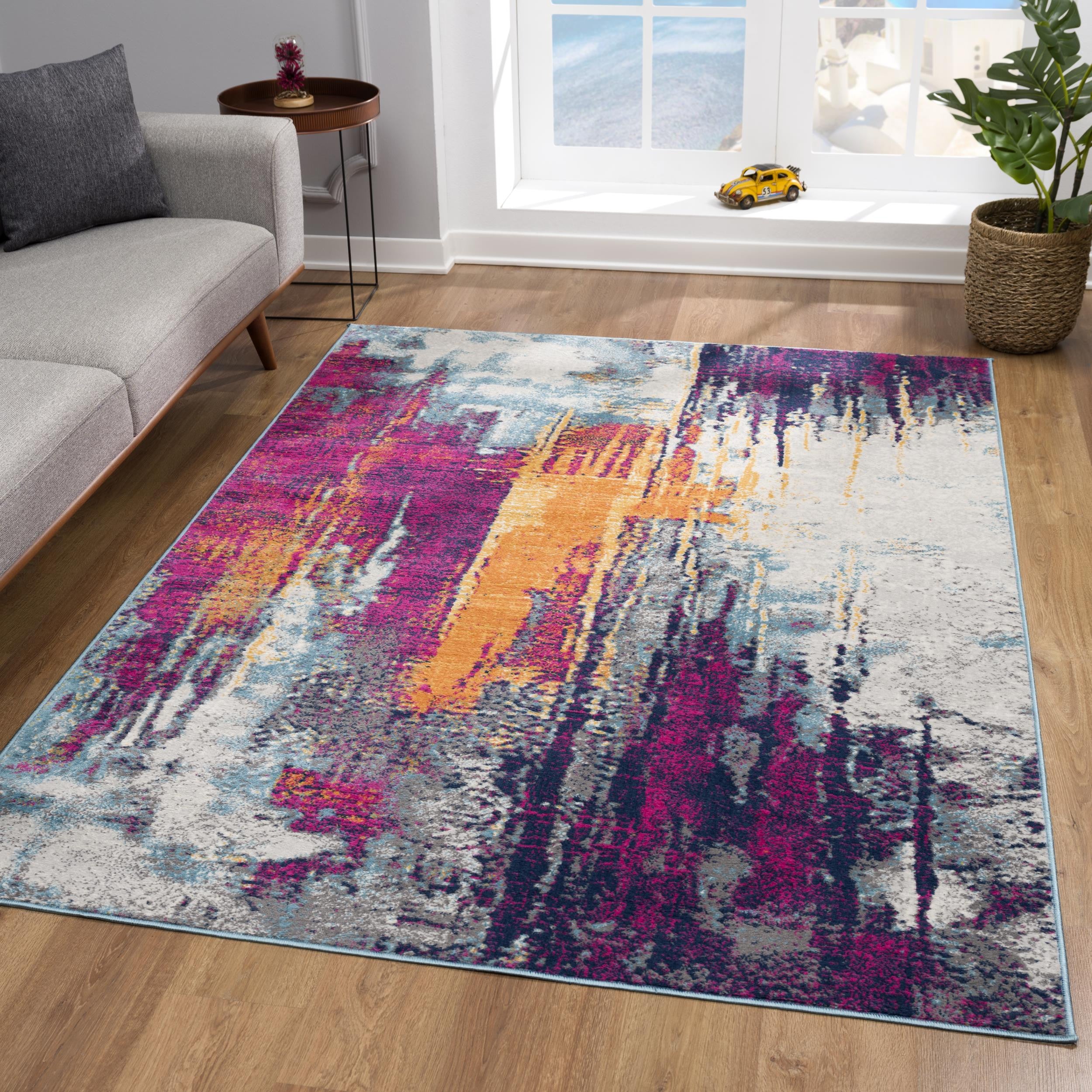 20' Gray Ivory And Magenta Abstract Runner Rug-Area Rugs-DECOROLALA