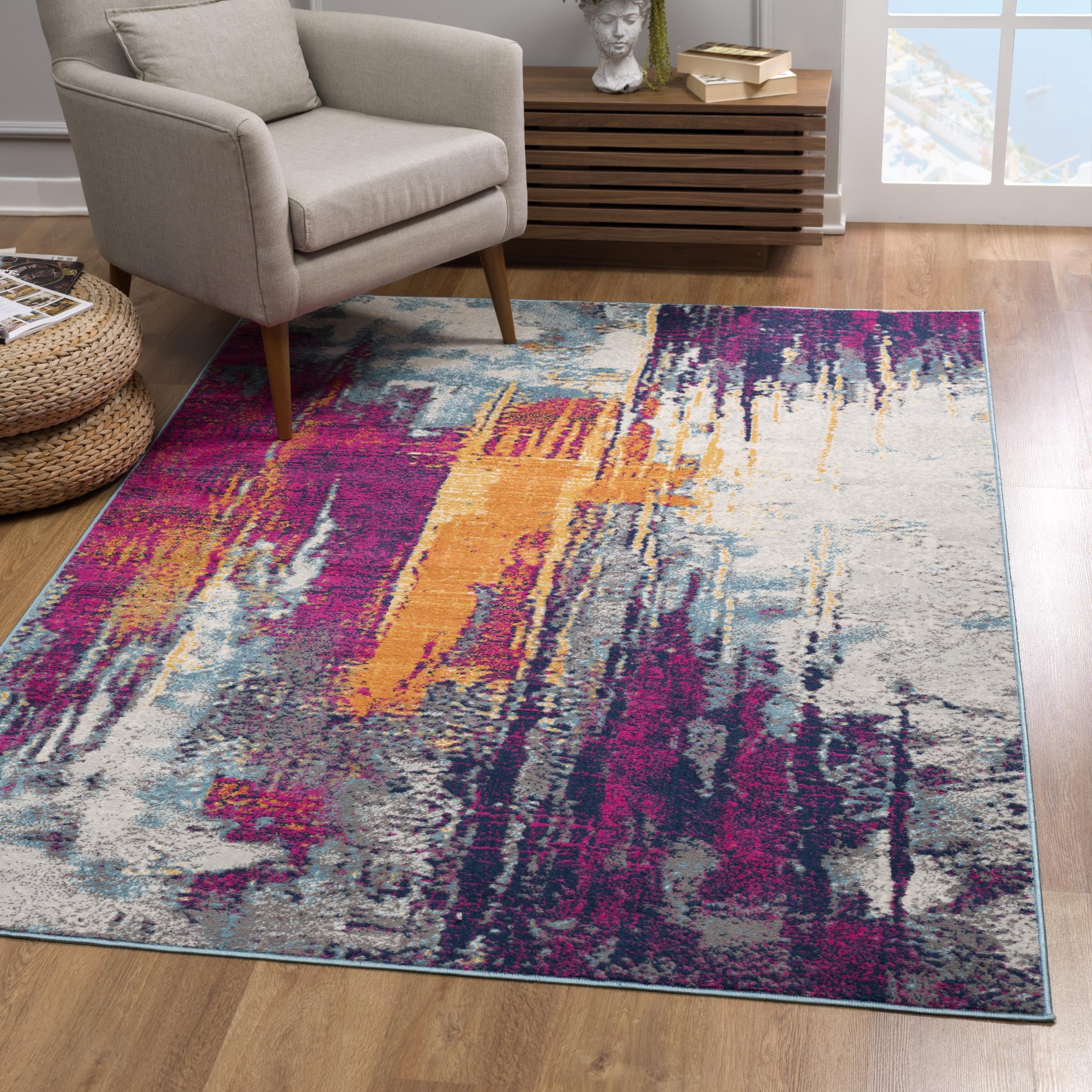 20' Gray Ivory And Magenta Abstract Runner Rug-Area Rugs-DECOROLALA